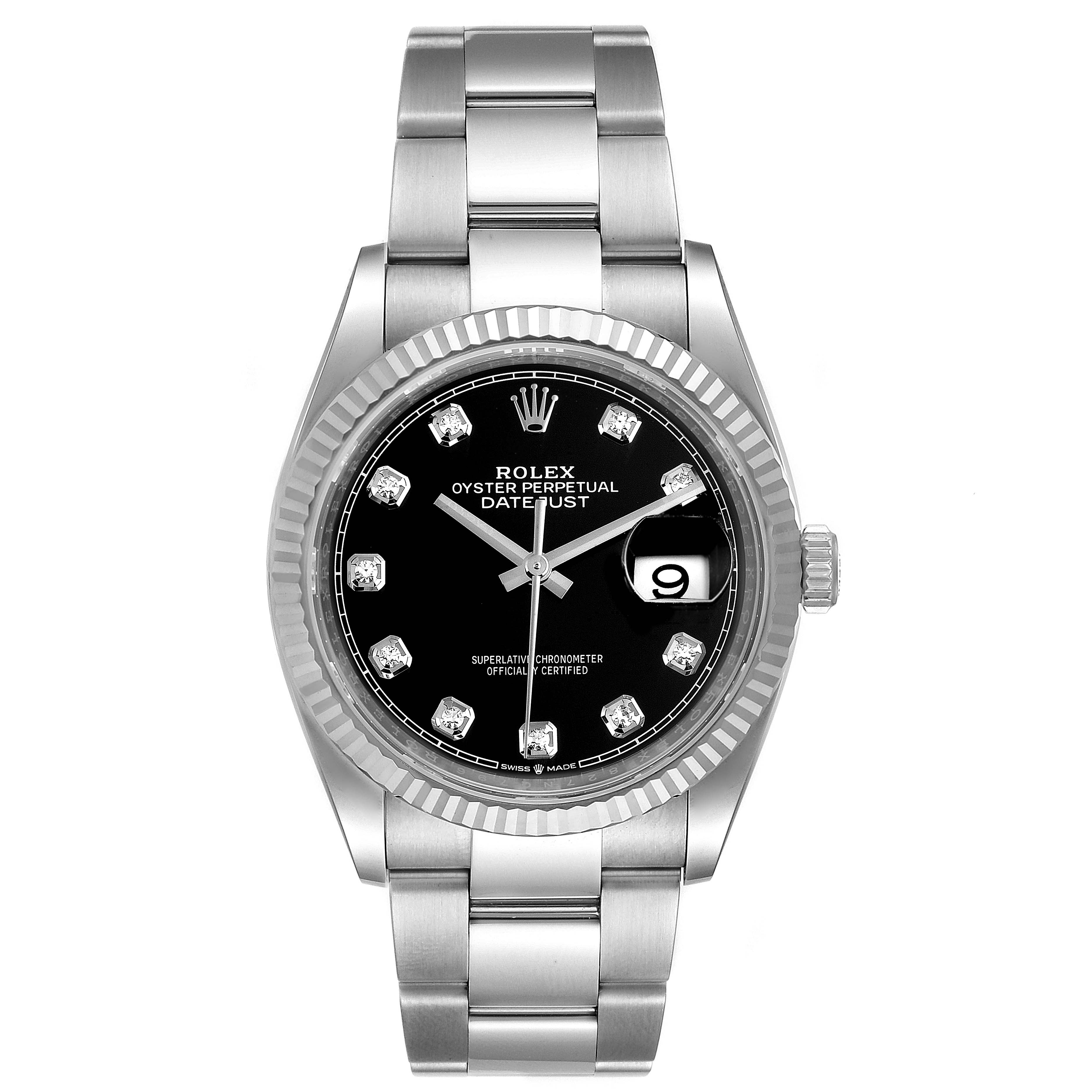 The Rolex Datejust 126234 Men's Stainless Steel Black Dial 126234 Men's Stainless Steel Black Dial watch is shown in a front-facing angle, displaying the dial, bezel, hands, crown, and bracelet.