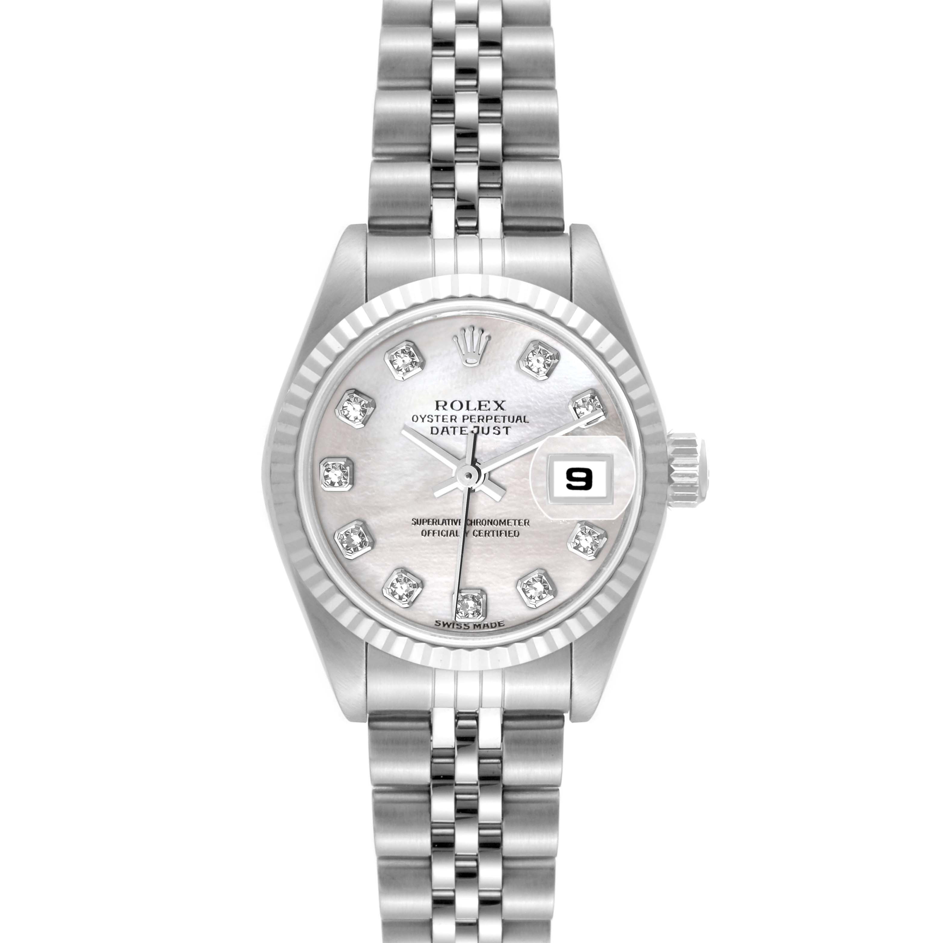 The Rolex Datejust 79174 Women's Stainless Steel Mother of Pearl Dial 79174 Women's Stainless Steel Mother of Pearl Dial watch is shown from the front, highlighting the face, bezel, dial, and bracelet.