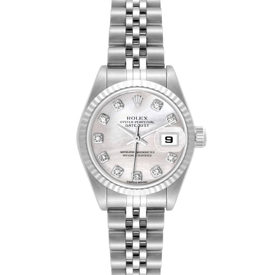 The Rolex Datejust watch is shown from the front, highlighting the face, bezel, dial, and bracelet.