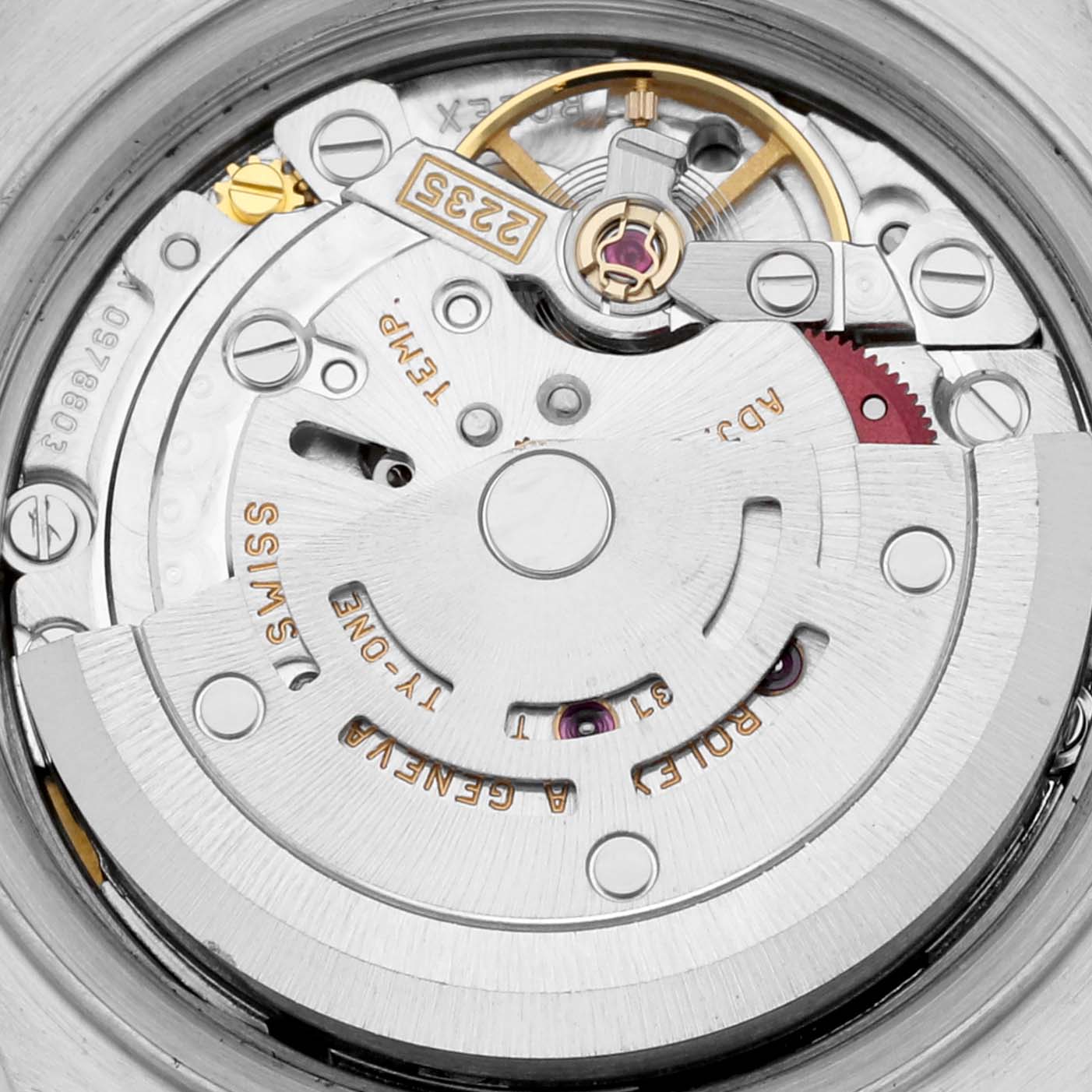 The image shows the internal mechanism of a Rolex Datejust 79174 Women's Stainless Steel Mother of Pearl Dial 79174 Women's Stainless Steel Mother of Pearl Dial watch from a close-up angle, revealing its intricate components.
