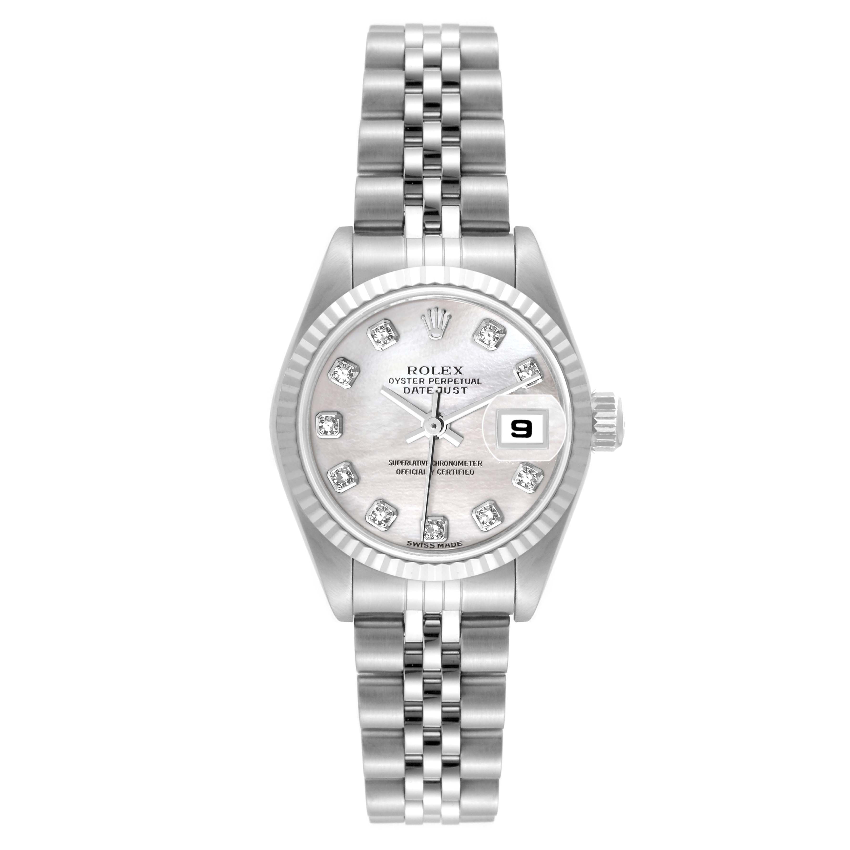 This image shows a Rolex Datejust 79174 Women's Stainless Steel Mother of Pearl Dial 79174 Women's Stainless Steel Mother of Pearl Dial watch from a front-facing angle with focus on the dial, bezel, and bracelet.