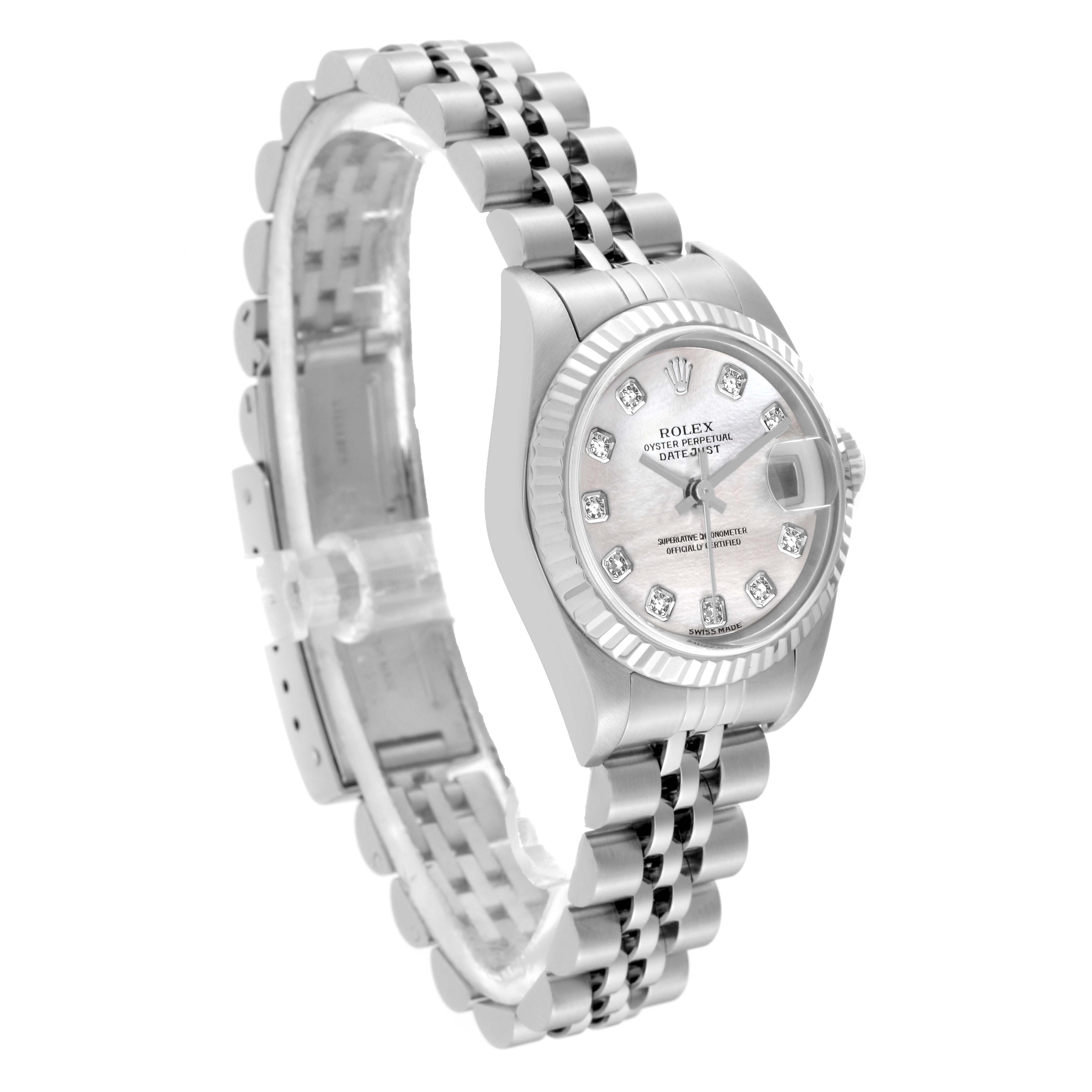 The Rolex Datejust 79174 Women's Stainless Steel Mother of Pearl Dial 79174 Women's Stainless Steel Mother of Pearl Dial watch is shown at a slight angle revealing the face, bezel, crown, and band.