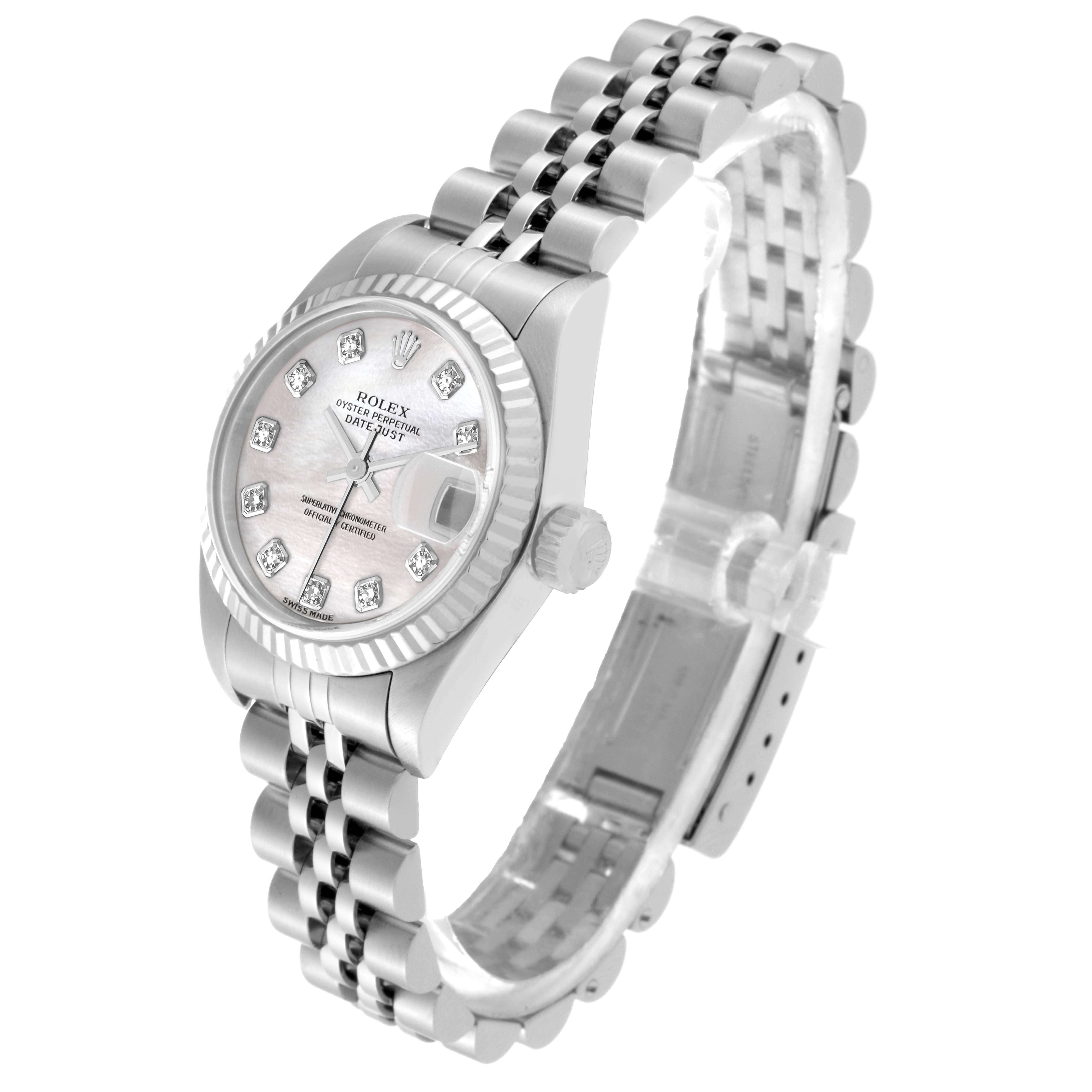 The Rolex Datejust 79174 Women's Stainless Steel Mother of Pearl Dial 79174 Women's Stainless Steel Mother of Pearl Dial watch is shown at an angled side view, highlighting its face, crown, and bracelet.