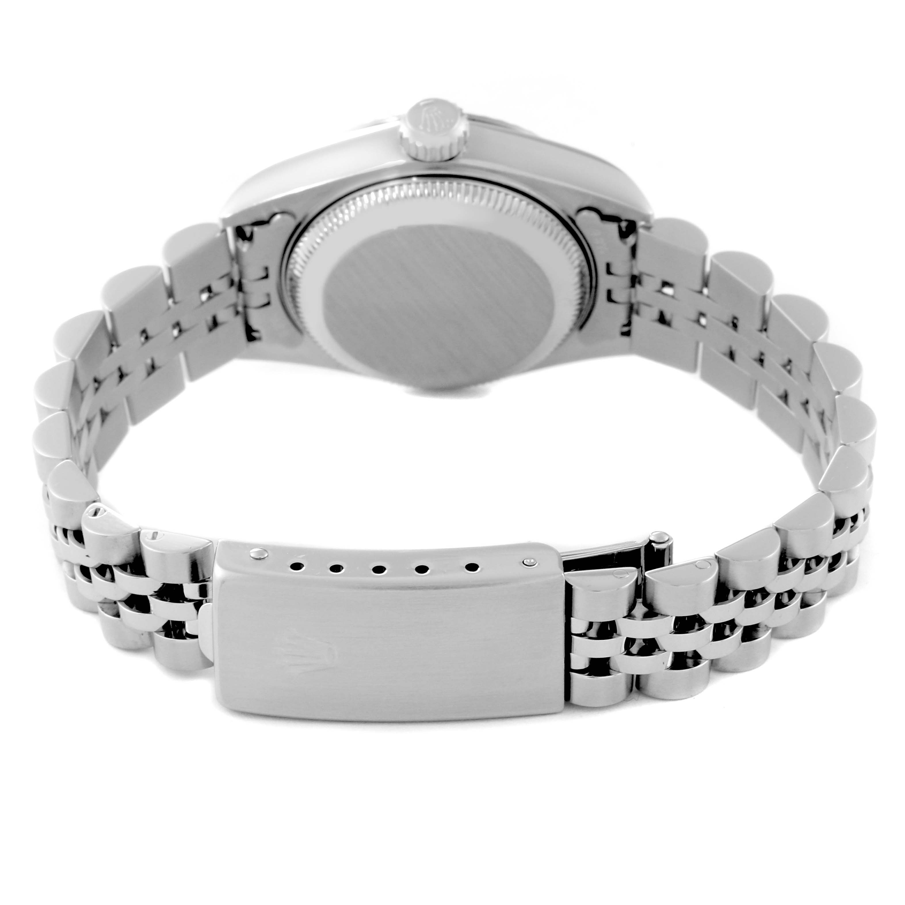 The image shows the backside of a Rolex Datejust 79174 Women's Stainless Steel Mother of Pearl Dial 79174 Women's Stainless Steel Mother of Pearl Dial watch, highlighting the case back and the bracelet with the clasp.