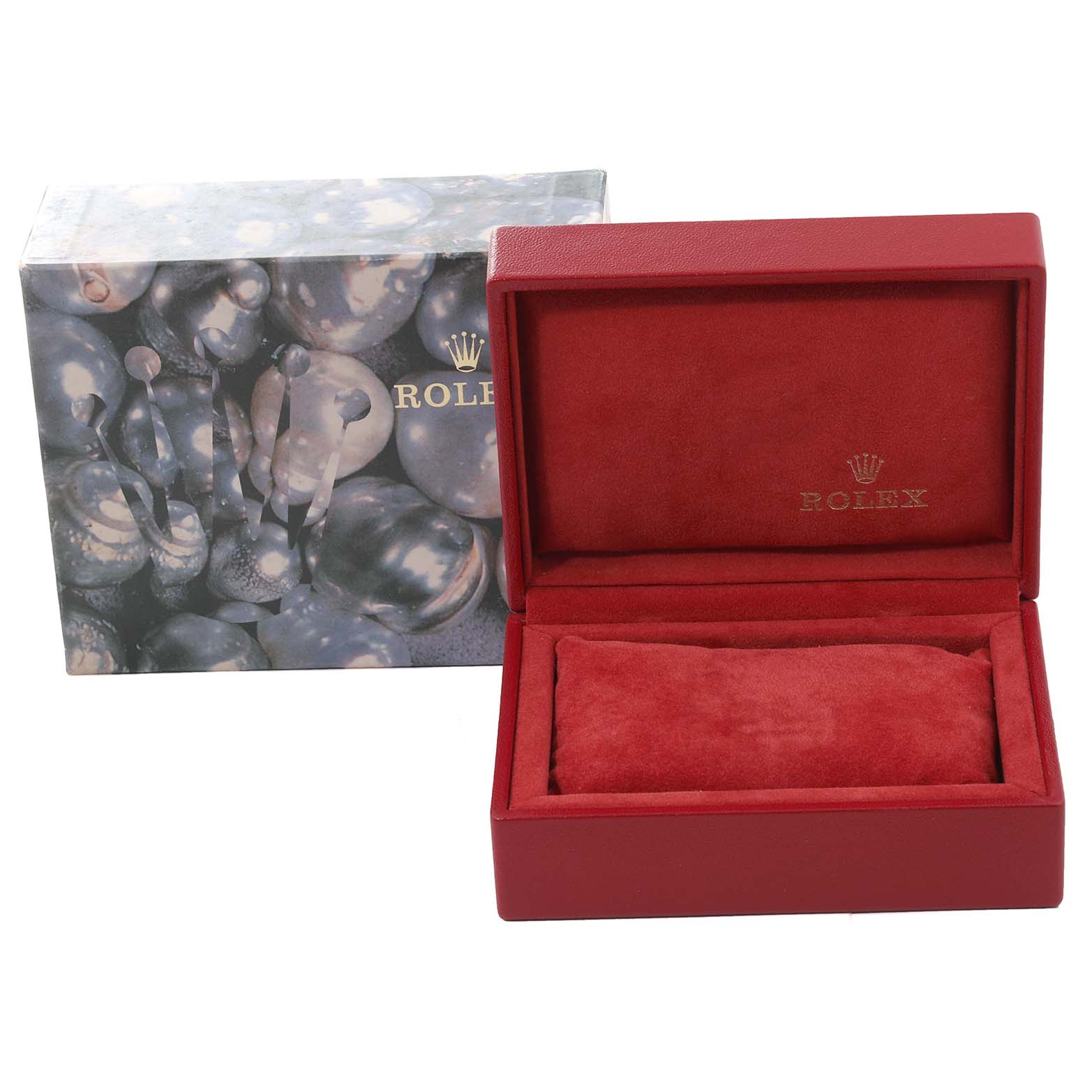 The image shows an open red Rolex Datejust 79174 Women's Stainless Steel Mother of Pearl Dial 79174 Women's Stainless Steel Mother of Pearl Dial watch box with a velvet interior and a closed patterned outer box in the background.