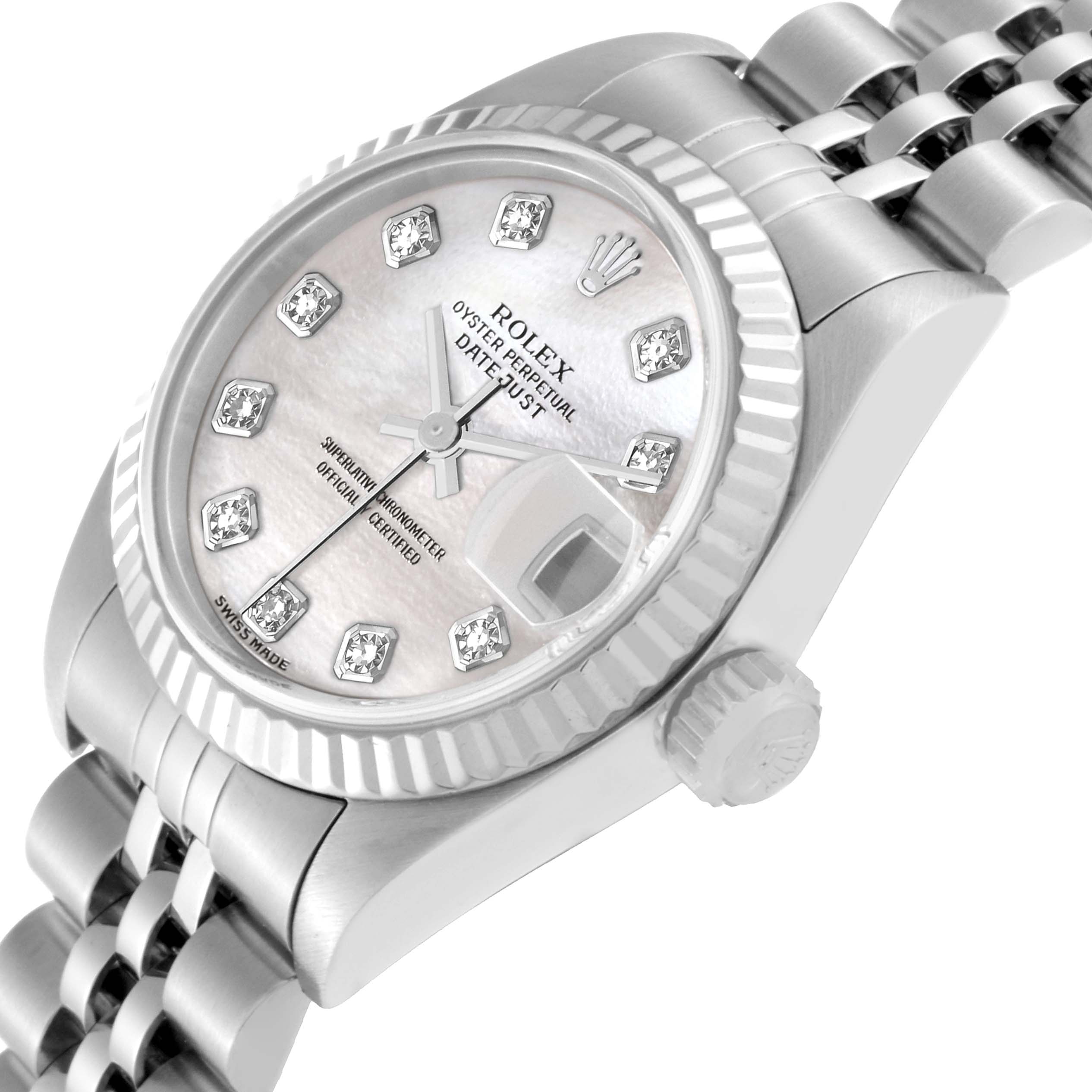This image shows a close-up of the Rolex Datejust 79174 Women's Stainless Steel Mother of Pearl Dial 79174 Women's Stainless Steel Mother of Pearl Dial watch face, fluted bezel, crown, and part of the bracelet.