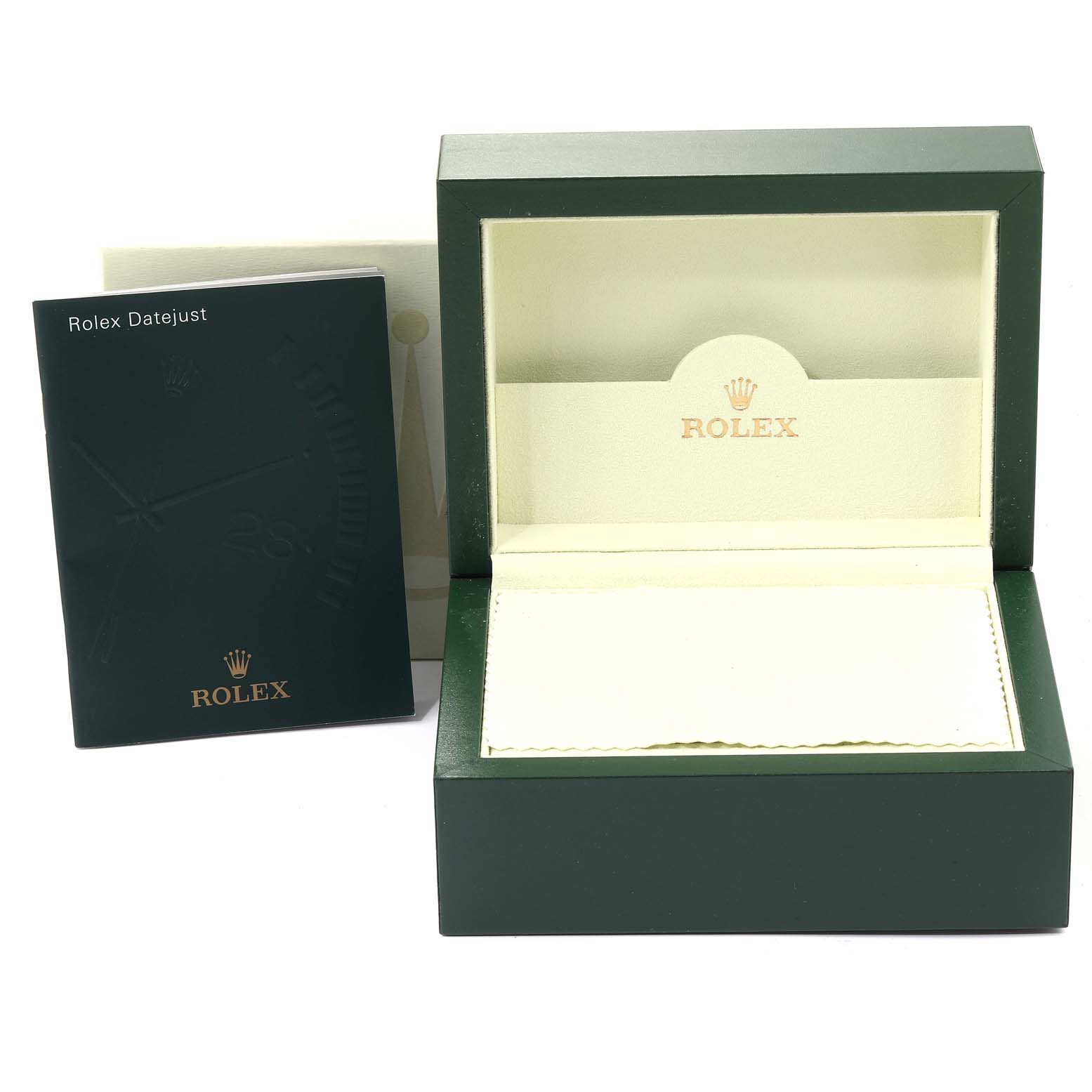 This image shows an open Rolex Datejust 179174 Women
s Stainless Steel Mother of Pearl Dial 179174 Women
s Stainless Steel Mother of Pearl Dial box with a booklet partially visible on the left.