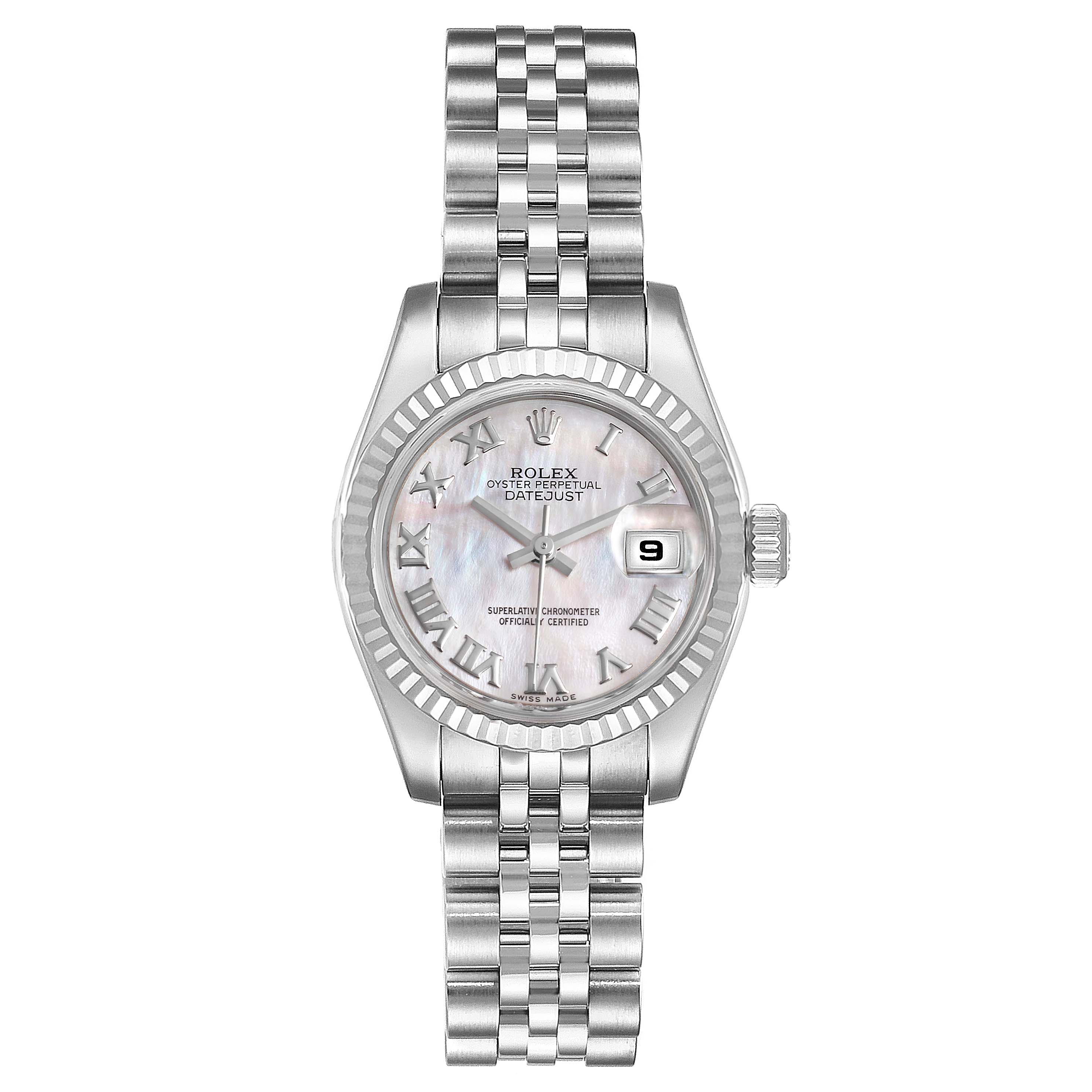 This is a front view of a Rolex Datejust 179174 Women
s Stainless Steel Mother of Pearl Dial 179174 Women
s Stainless Steel Mother of Pearl Dial watch, showcasing its face, bezel, and bracelet.