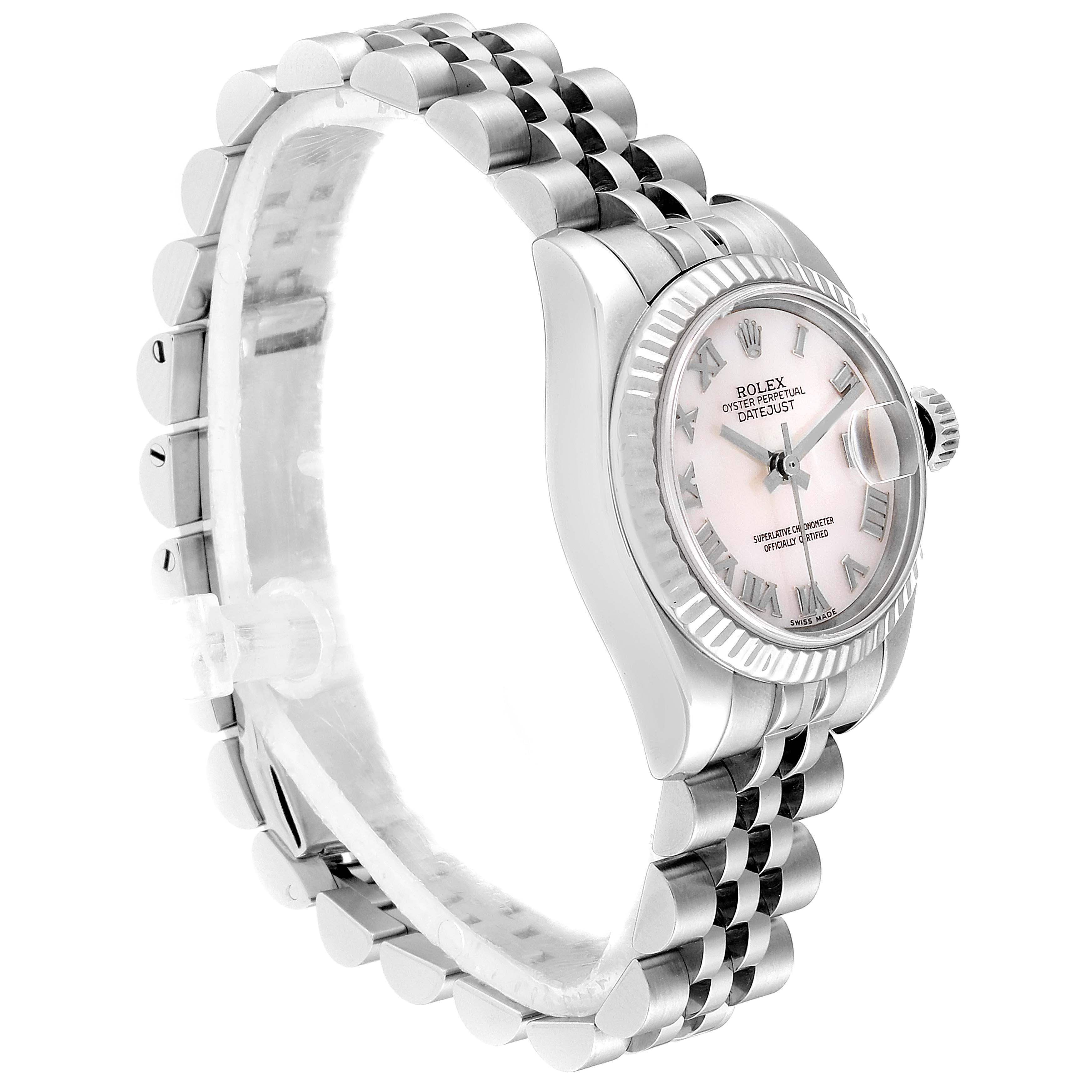 The image shows a side angle of a Rolex Datejust 179174 Women
s Stainless Steel Mother of Pearl Dial 179174 Women
s Stainless Steel Mother of Pearl Dial watch, revealing its bracelet, case, crown, and dial.