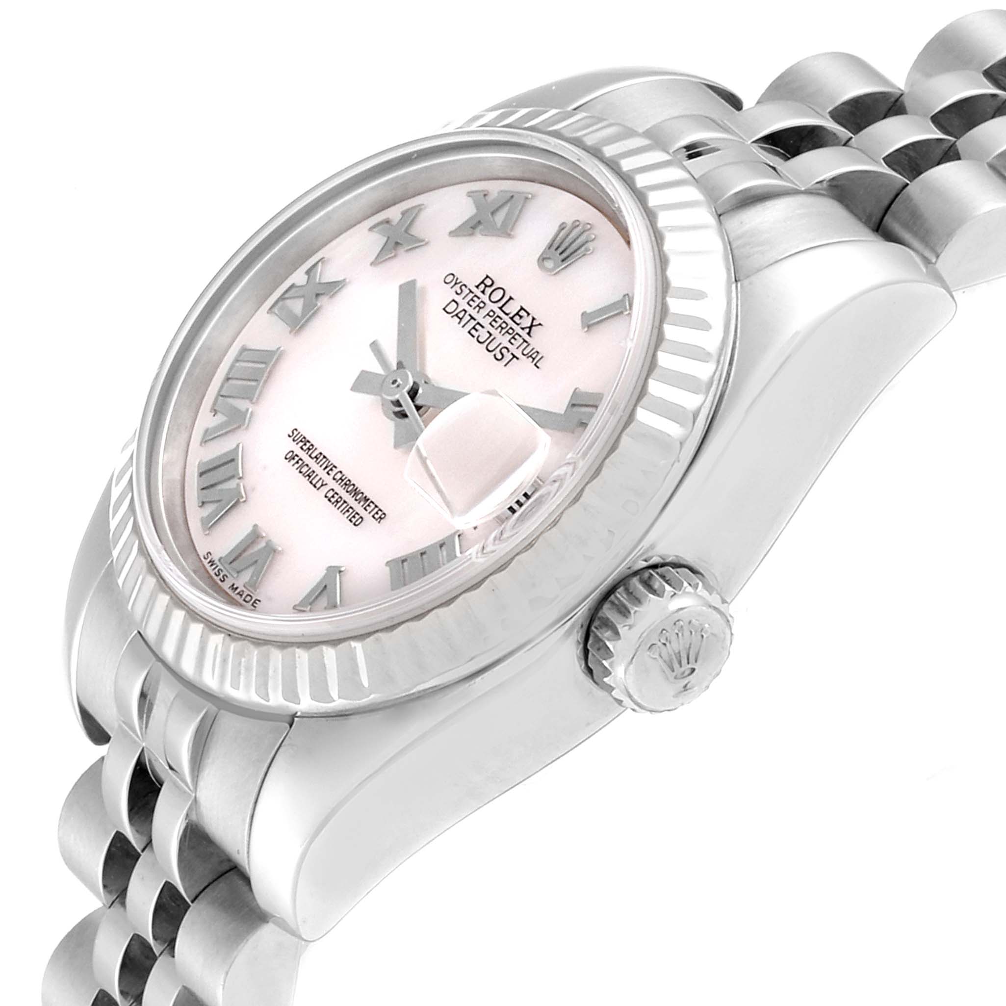 The image shows a Rolex Datejust 179174 Women
s Stainless Steel Mother of Pearl Dial 179174 Women
s Stainless Steel Mother of Pearl Dial watch from a slightly angled side view, highlighting the crown, case, dial, and part of the bracelet.