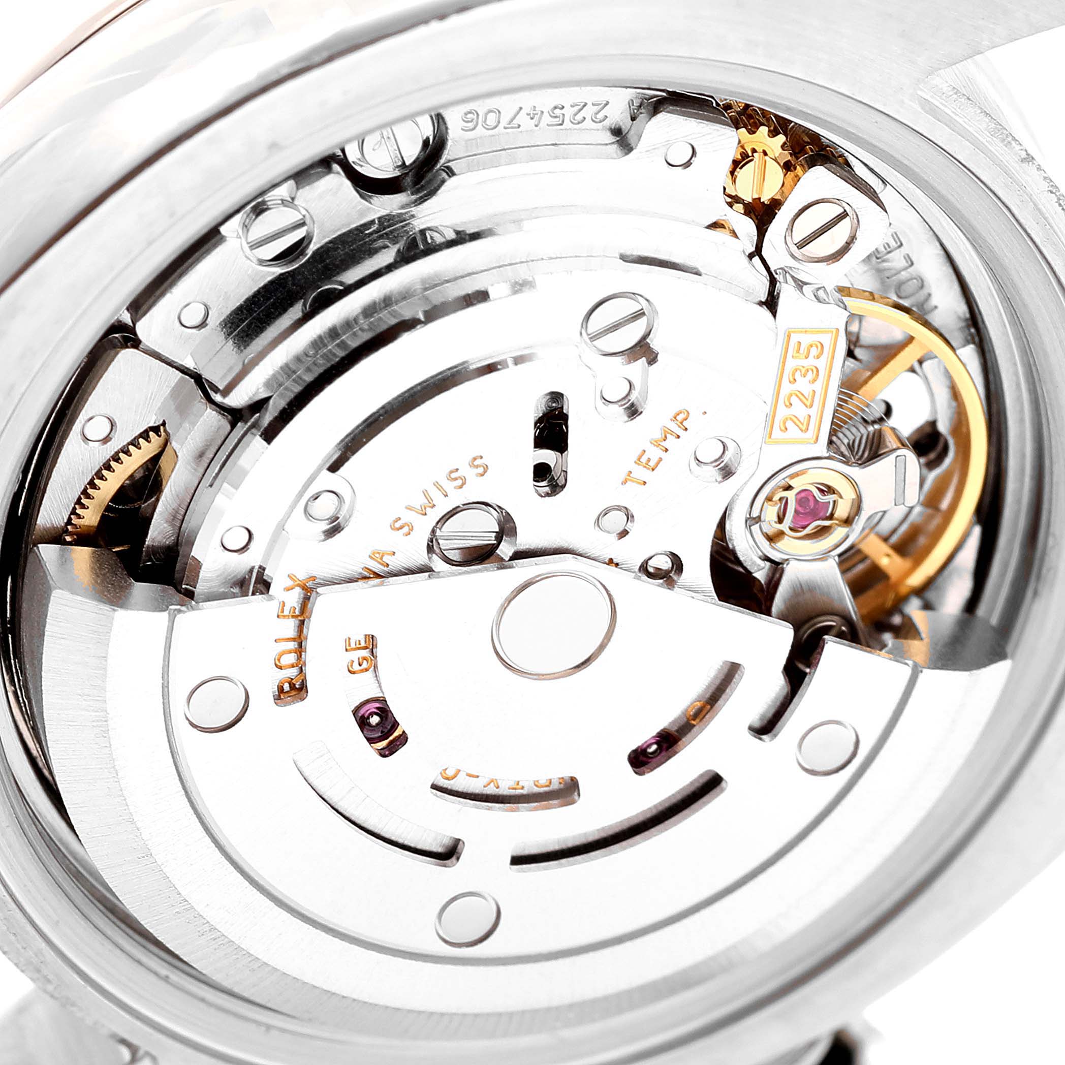 This image shows a close-up of the movement and inner mechanisms of a Rolex Datejust 179174 Women
s Stainless Steel Mother of Pearl Dial 179174 Women
s Stainless Steel Mother of Pearl Dial watch.