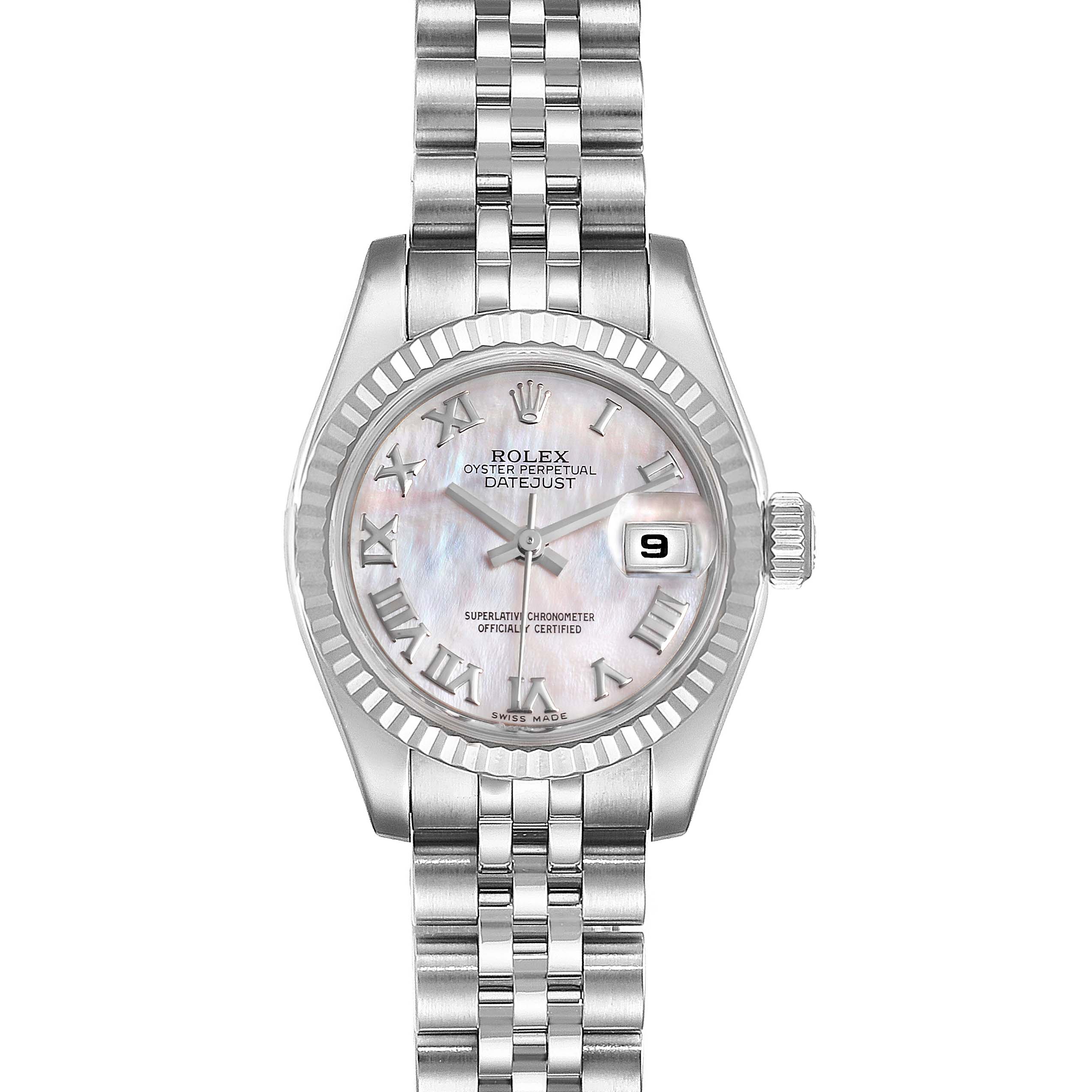 The Rolex Datejust 179174 Women
s Stainless Steel Mother of Pearl Dial 179174 Women
s Stainless Steel Mother of Pearl Dial watch is shown from a front angle, displaying the dial, bezel, and part of the bracelet.