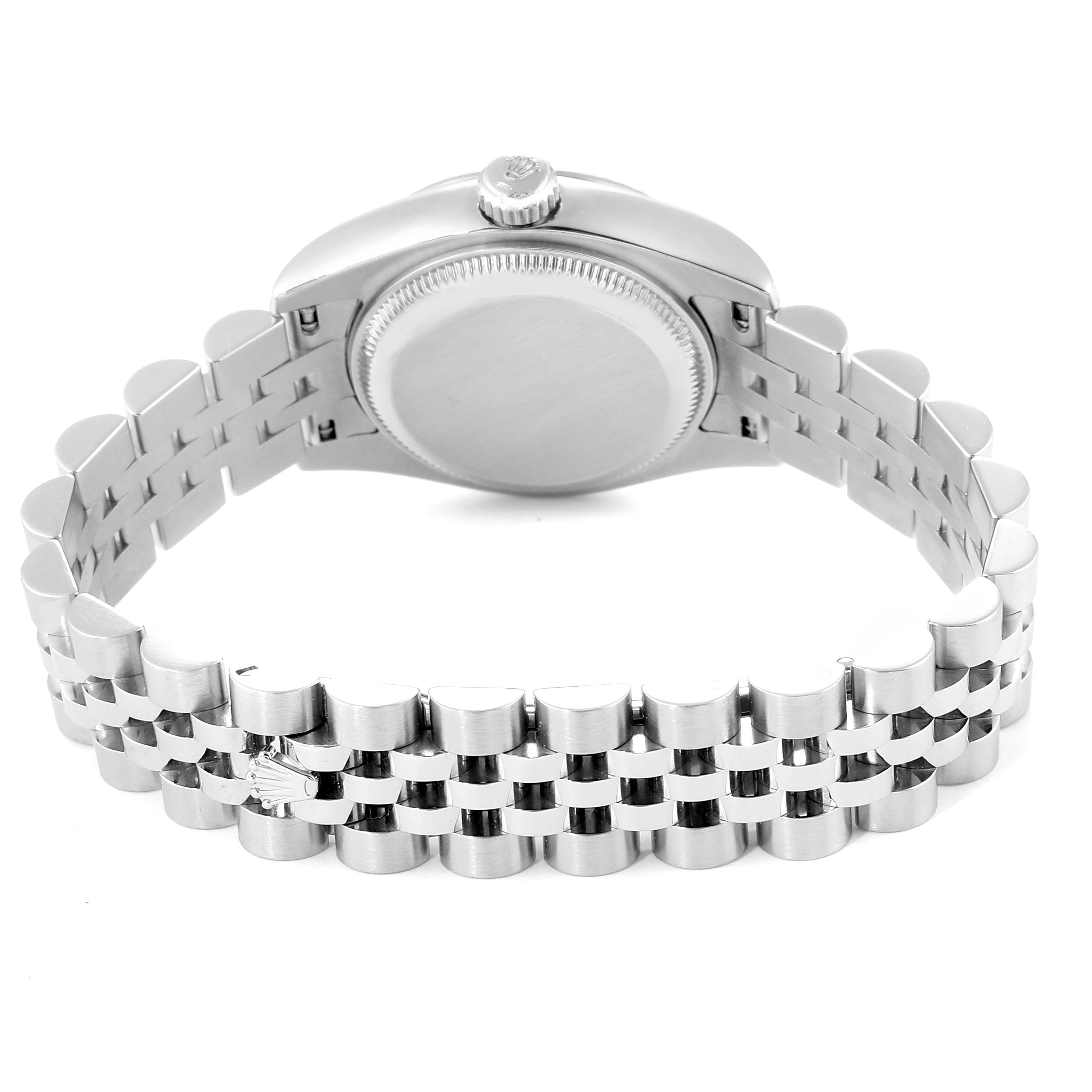 The image shows the back of a Rolex Datejust 179174 Women
s Stainless Steel Mother of Pearl Dial 179174 Women
s Stainless Steel Mother of Pearl Dial watch with its crown and Jubilee bracelet.