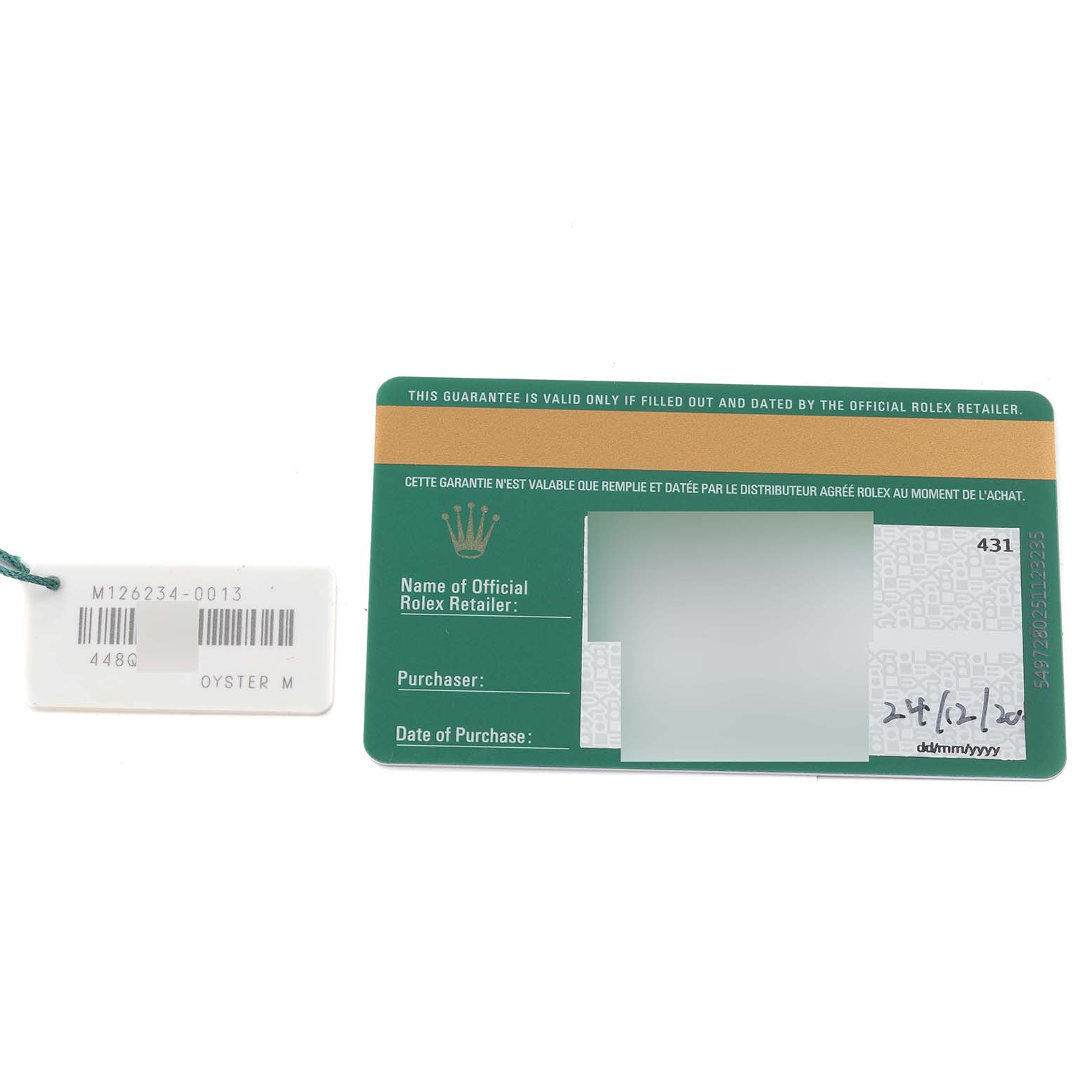 The image shows the guarantee card and tag with the model number for a Rolex Datejust 126234 Men's Stainless Steel Silver Dial 126234 Men's Stainless Steel Silver Dial.