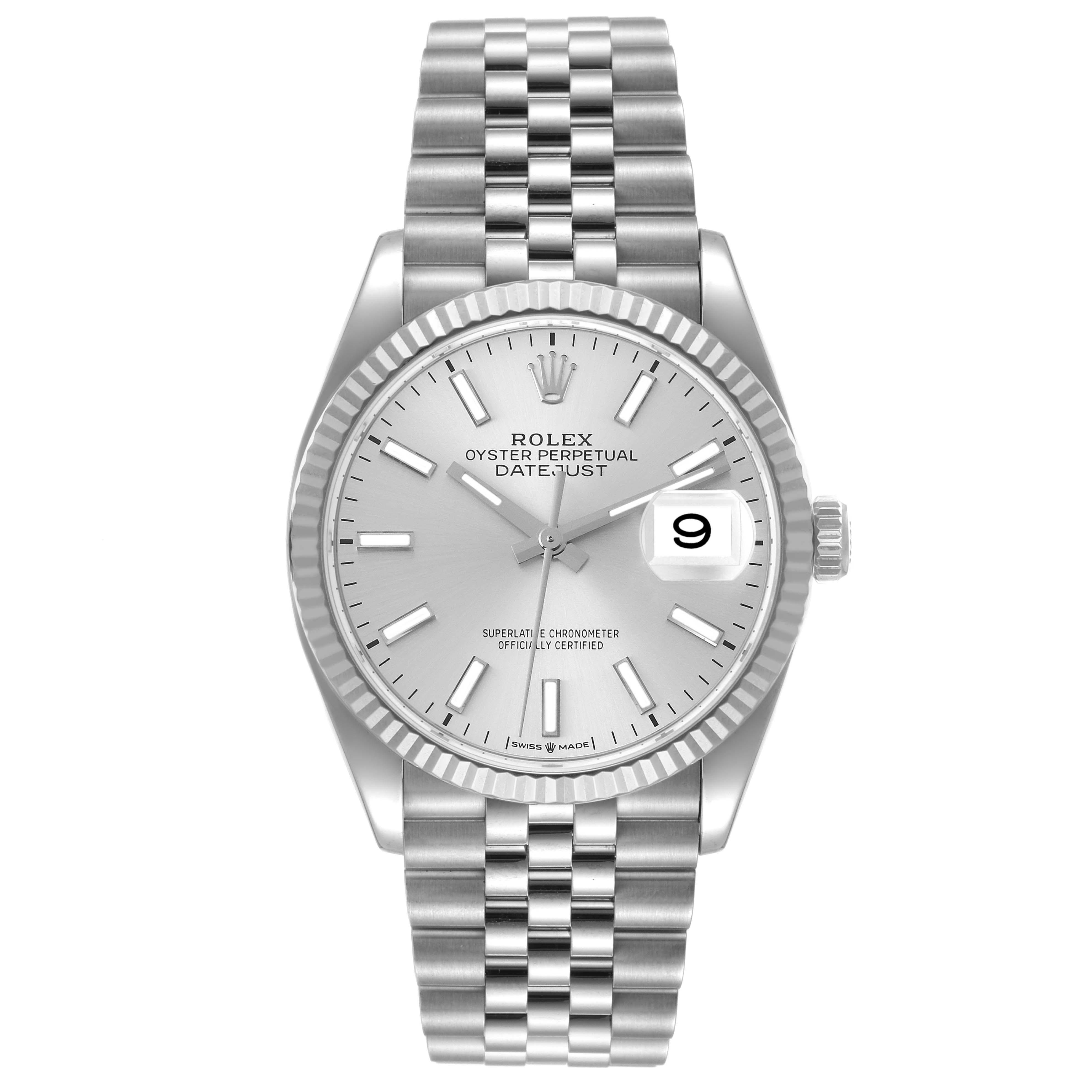 The image shows a front view of the Rolex Datejust 126234 Men's Stainless Steel Silver Dial 126234 Men's Stainless Steel Silver Dial watch, showcasing its dial, bezel, and bracelet.