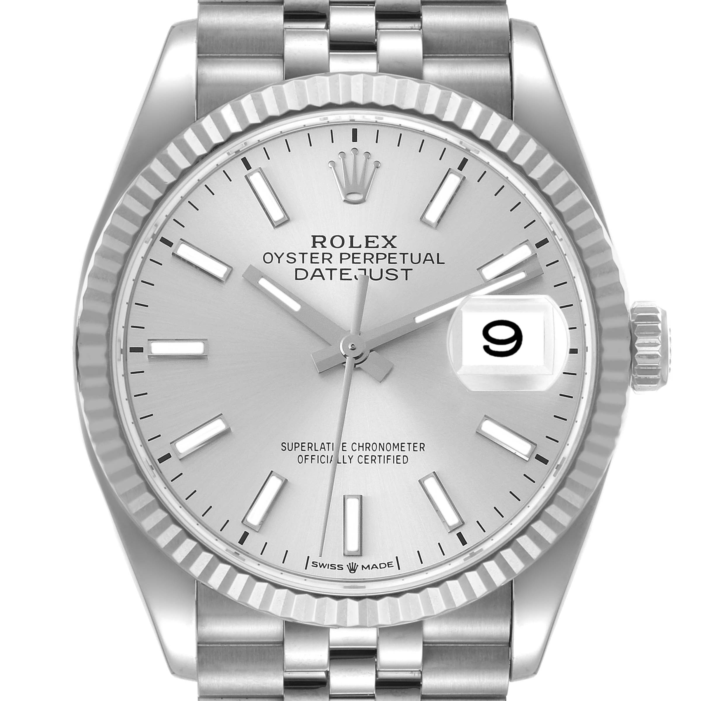 The image shows a front view of the Rolex Datejust 126234 Men's Stainless Steel Silver Dial 126234 Men's Stainless Steel Silver Dial watch, displaying its dial, bezel, crown, and part of the bracelet.