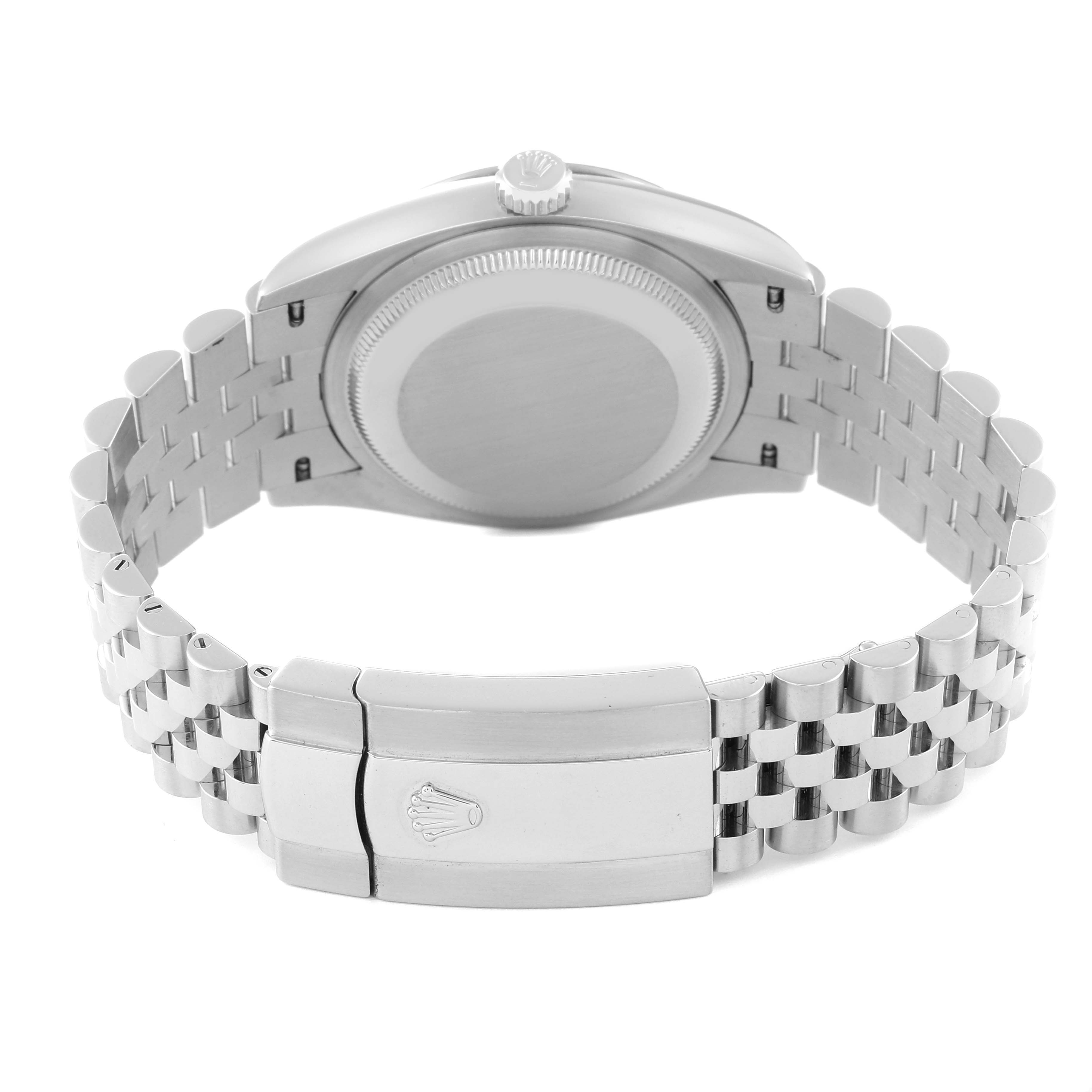 The image shows the back view of a Rolex Datejust 126234 Men's Stainless Steel Silver Dial 126234 Men's Stainless Steel Silver Dial watch, featuring its clasp and bracelet.
