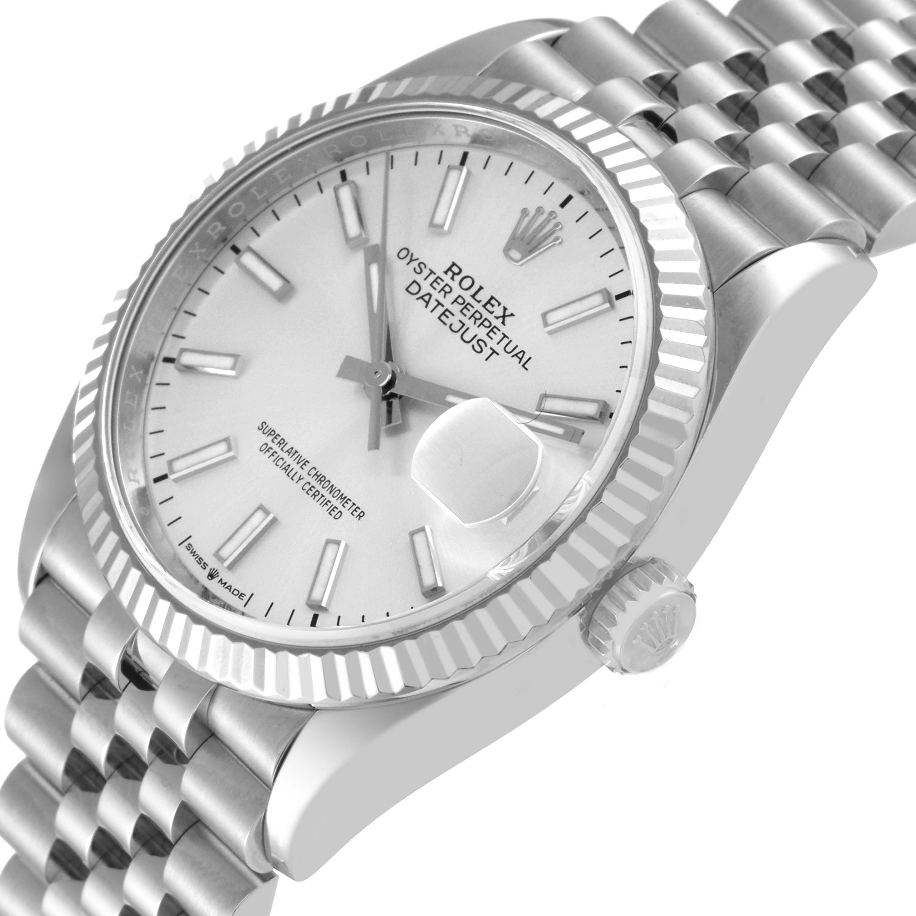This image shows a side-angle view of a Rolex Datejust 126234 Men's Stainless Steel Silver Dial 126234 Men's Stainless Steel Silver Dial, displaying its crown, bezel, and bracelet.