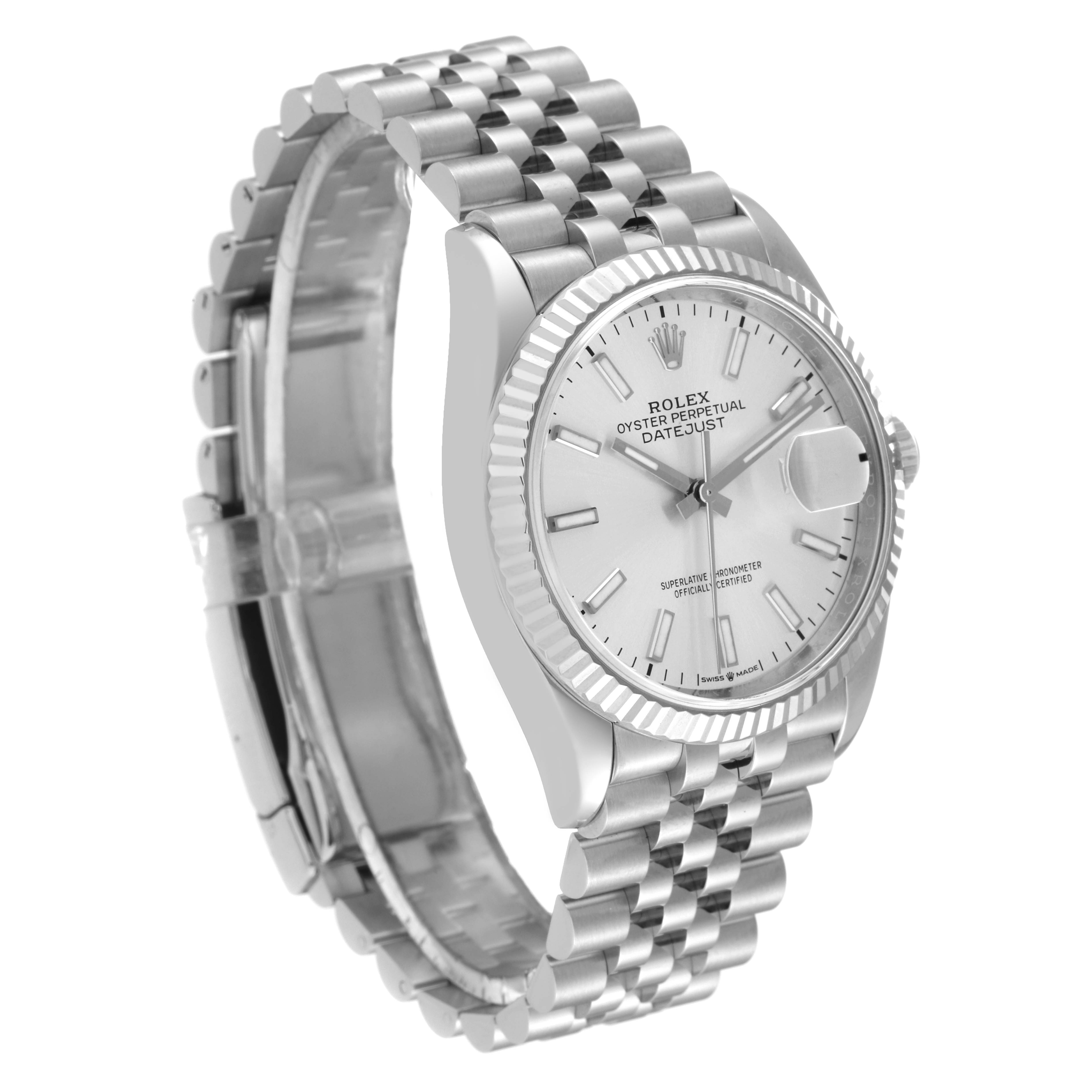 The image shows a side angle view of the Rolex Datejust 126234 Men's Stainless Steel Silver Dial 126234 Men's Stainless Steel Silver Dial watch, highlighting the dial, bezel, and bracelet.