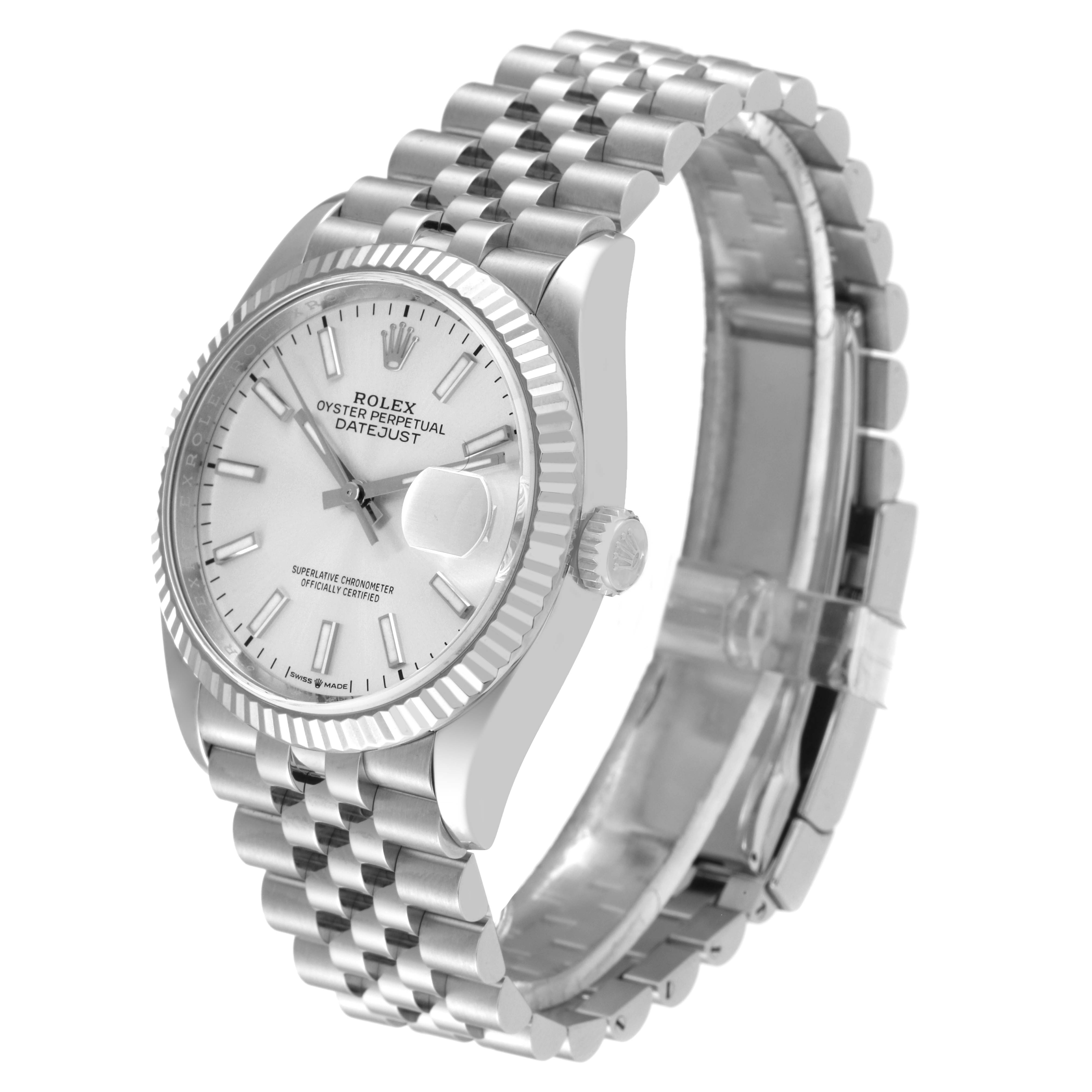 The Rolex Datejust 126234 Men's Stainless Steel Silver Dial 126234 Men's Stainless Steel Silver Dial model is shown at a slight angle, displaying the face, fluted bezel, crown, and Jubilee bracelet.