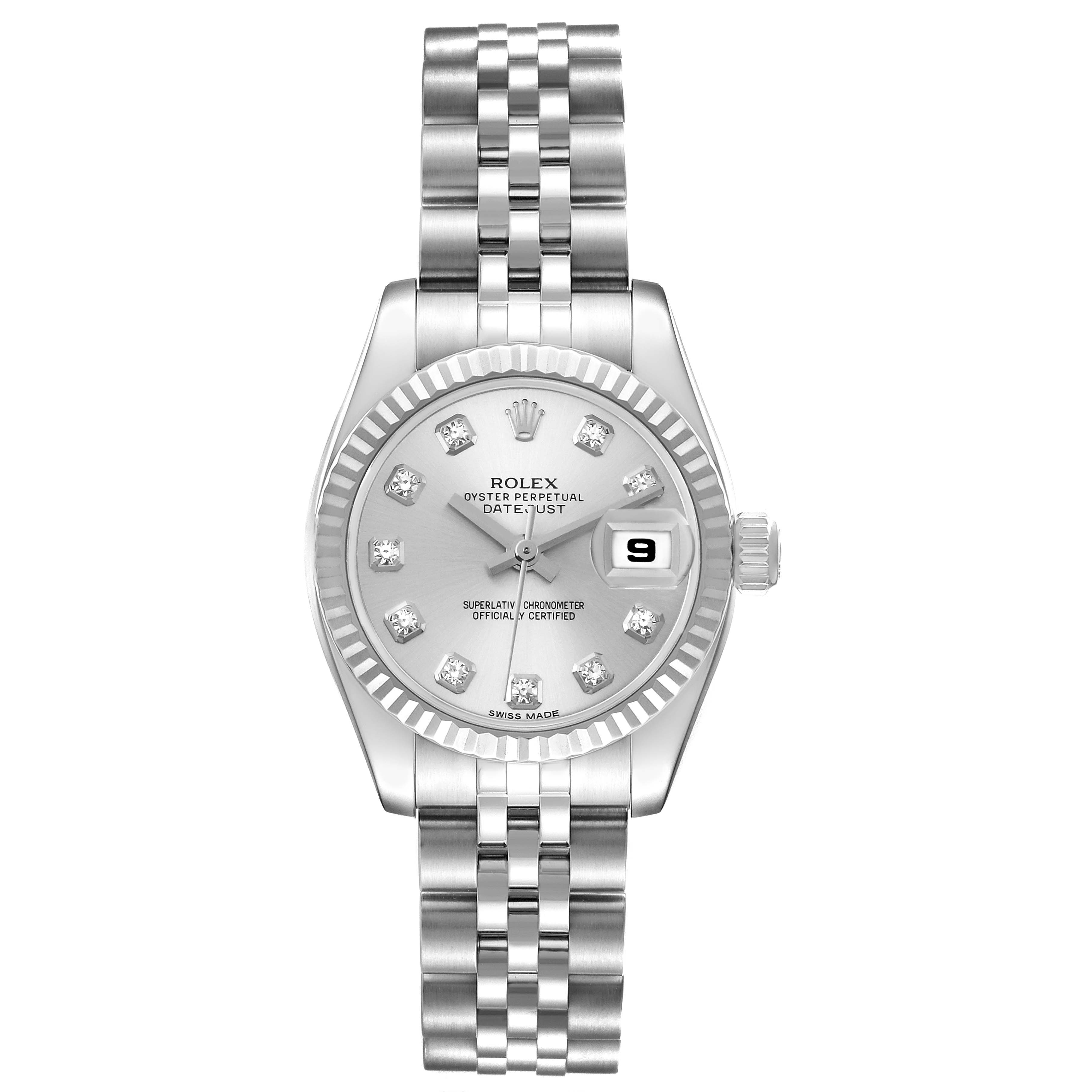 The image shows a front view of the Rolex Datejust 179174 Women's Stainless Steel Silver Dial 179174 Women's Stainless Steel Silver Dial watch, displaying its face, bezel, bracelet, and date window.