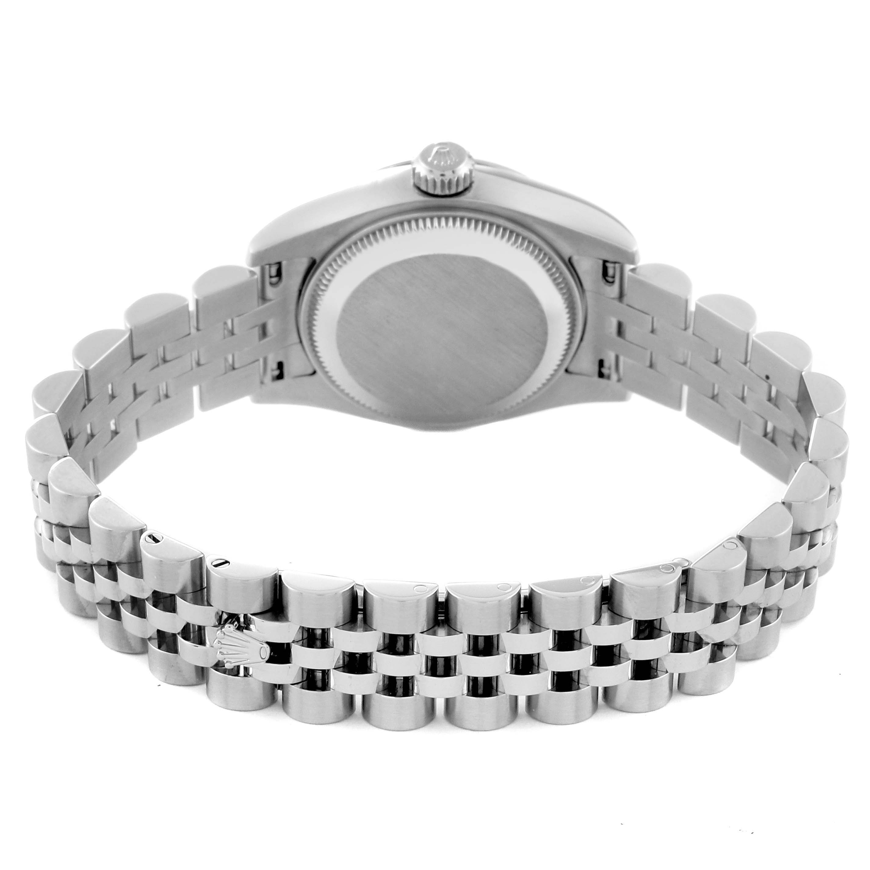 The image shows the back case and bracelet of a Rolex Datejust 179174 Women's Stainless Steel Silver Dial 179174 Women's Stainless Steel Silver Dial watch from a rear angle.