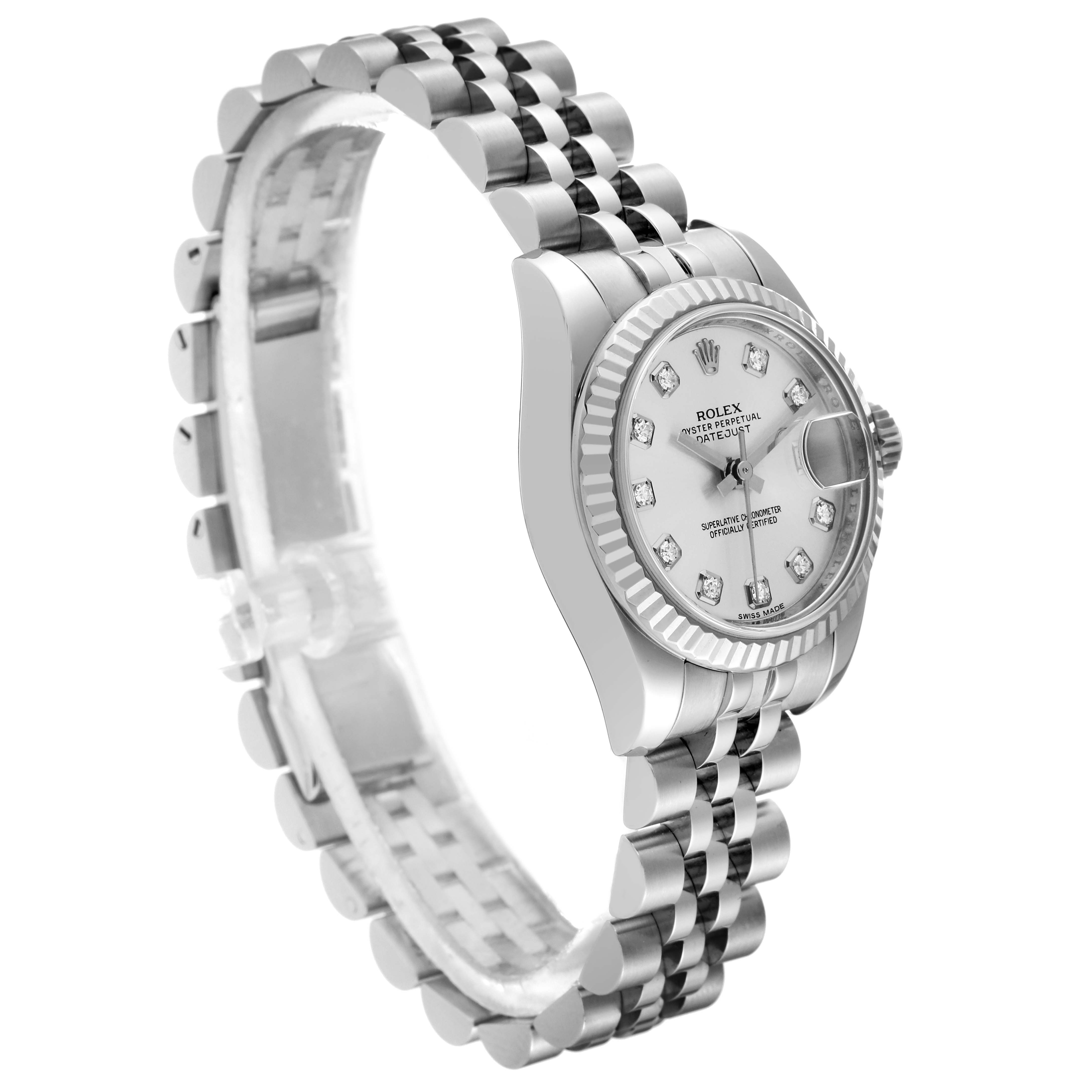 The image shows a side angle of the Rolex Datejust 179174 Women's Stainless Steel Silver Dial 179174 Women's Stainless Steel Silver Dial watch featuring the face, bezel, and bracelet.