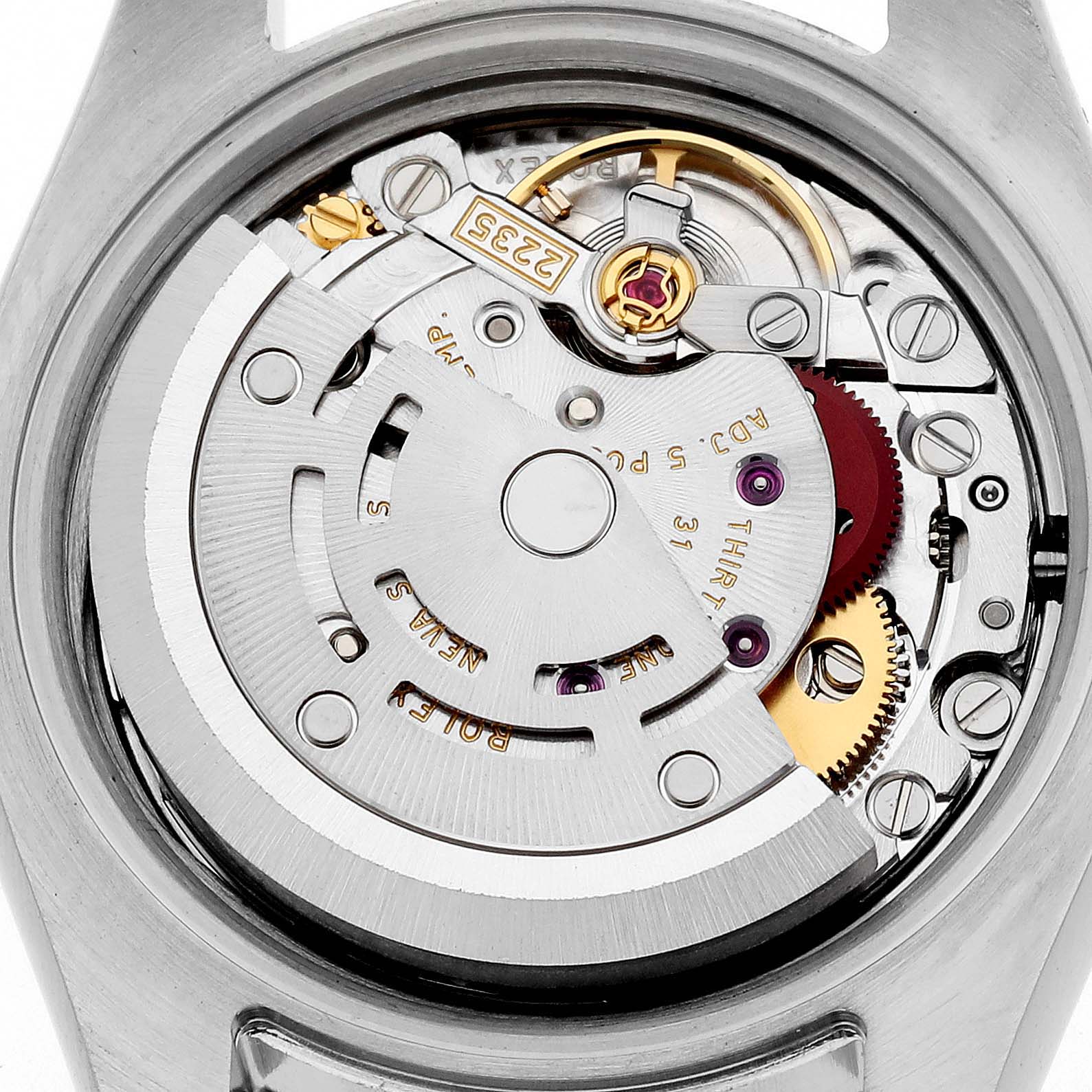 The image shows the movement and internal mechanisms of a Rolex Datejust 179174 Women's Stainless Steel Silver Dial 179174 Women's Stainless Steel Silver Dial watch from a top-down angle.
