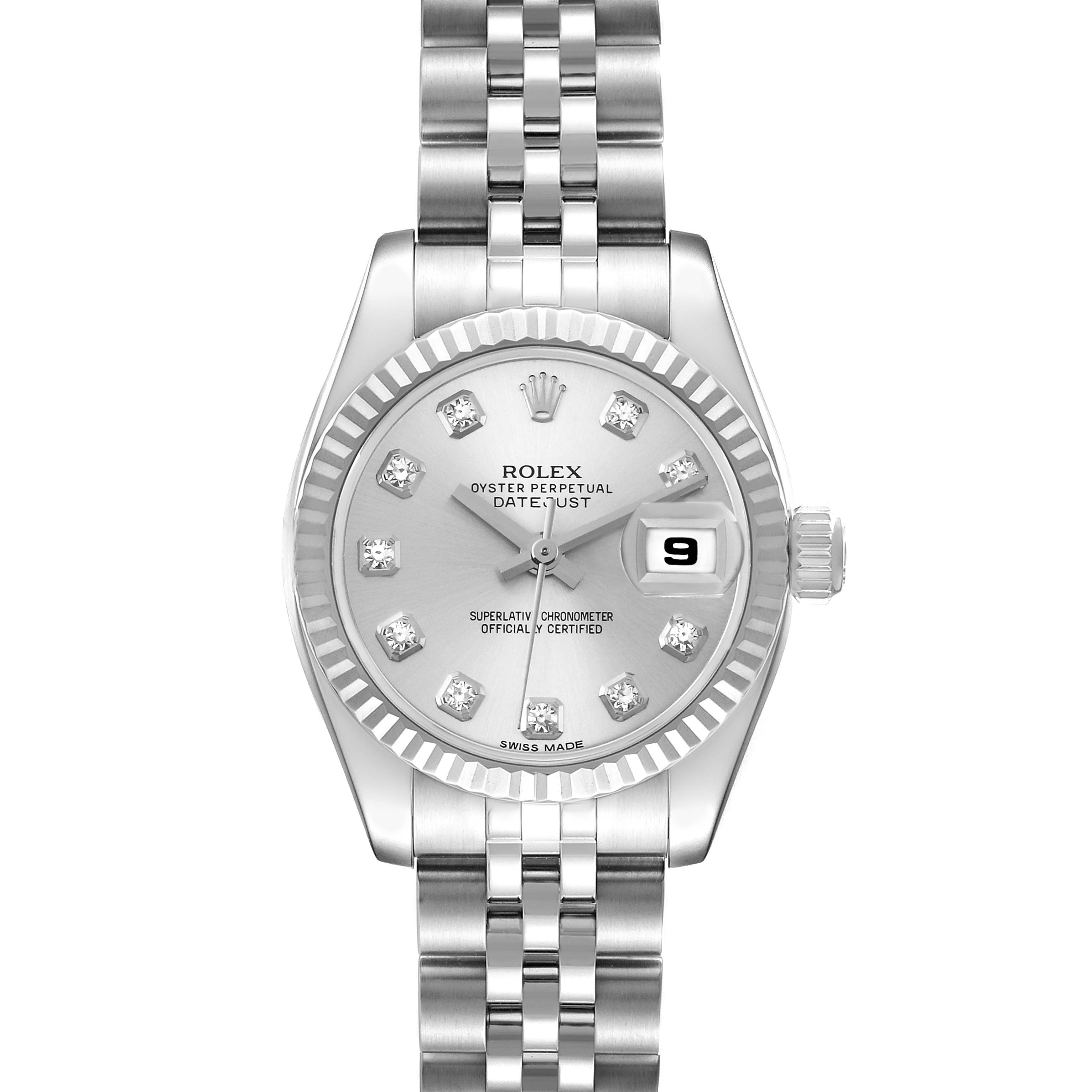 This image shows a front view of the Rolex Datejust 179174 Women's Stainless Steel Silver Dial 179174 Women's Stainless Steel Silver Dial watch, displaying its dial, markers, hands, date window, and bracelet.