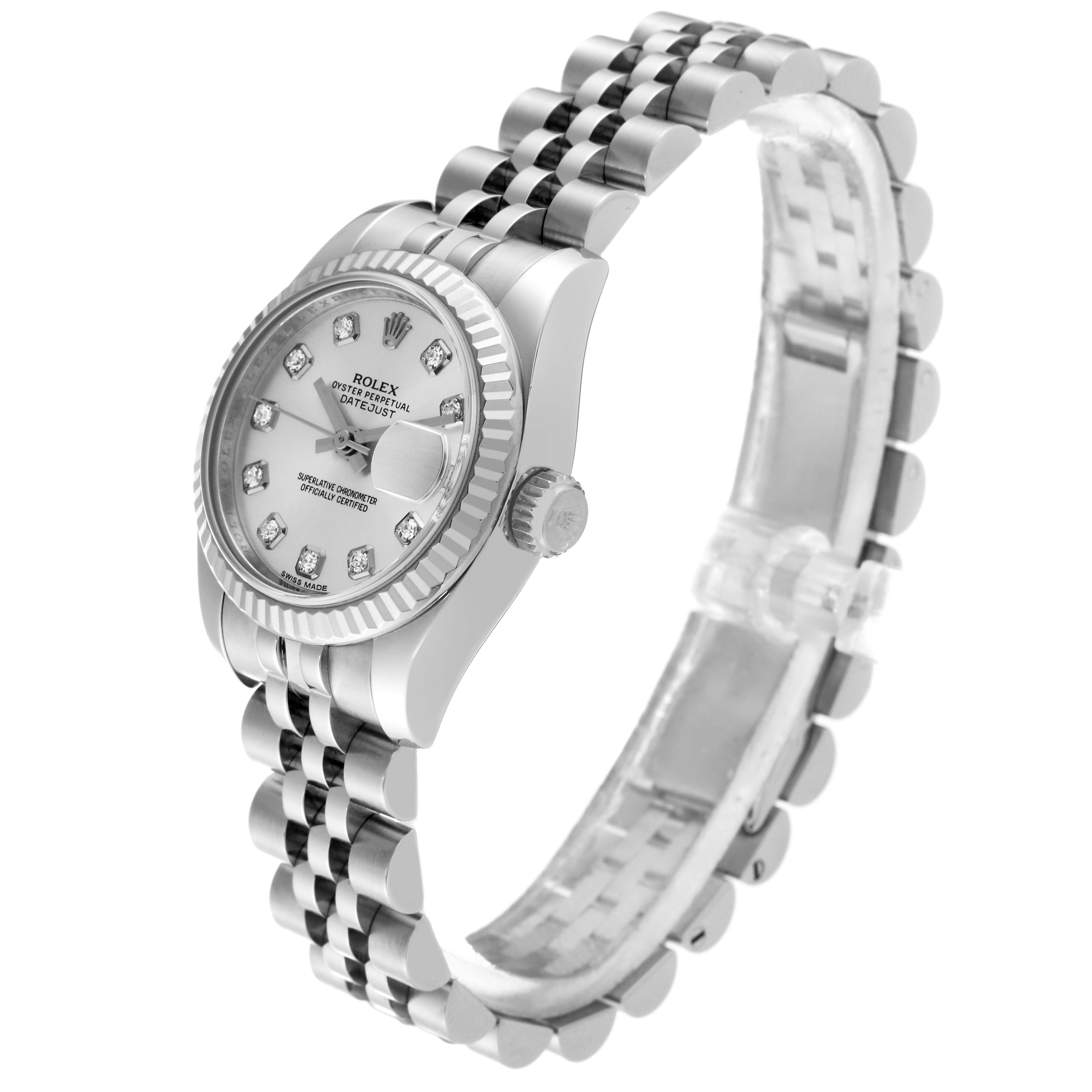 This image shows a side angle view of the Rolex Datejust 179174 Women's Stainless Steel Silver Dial 179174 Women's Stainless Steel Silver Dial watch, highlighting the dial, bezel, and bracelet.