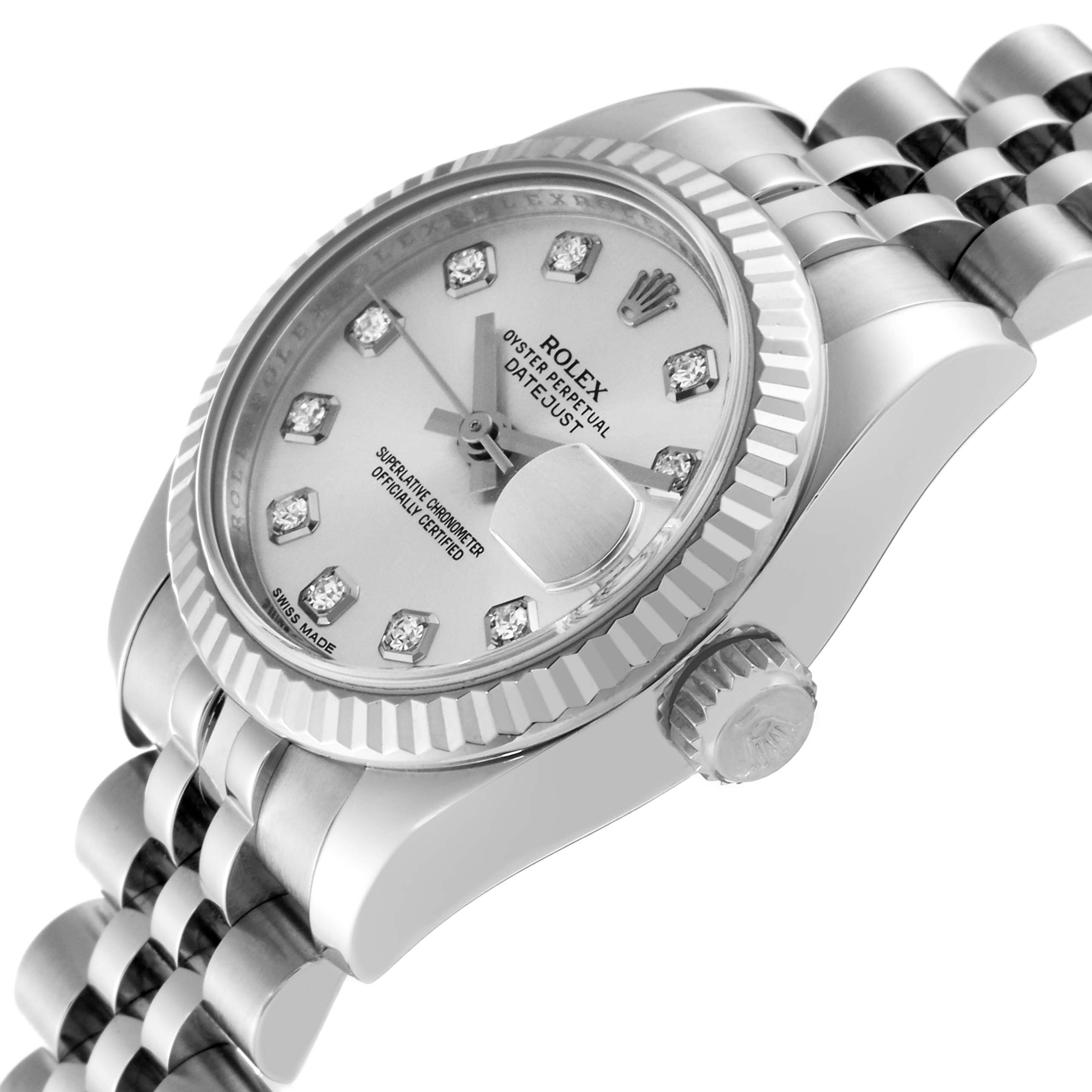 This image shows a diagonal close-up of a Rolex Datejust 179174 Women's Stainless Steel Silver Dial 179174 Women's Stainless Steel Silver Dial watch, highlighting the dial, bezel, crown, and part of the bracelet.