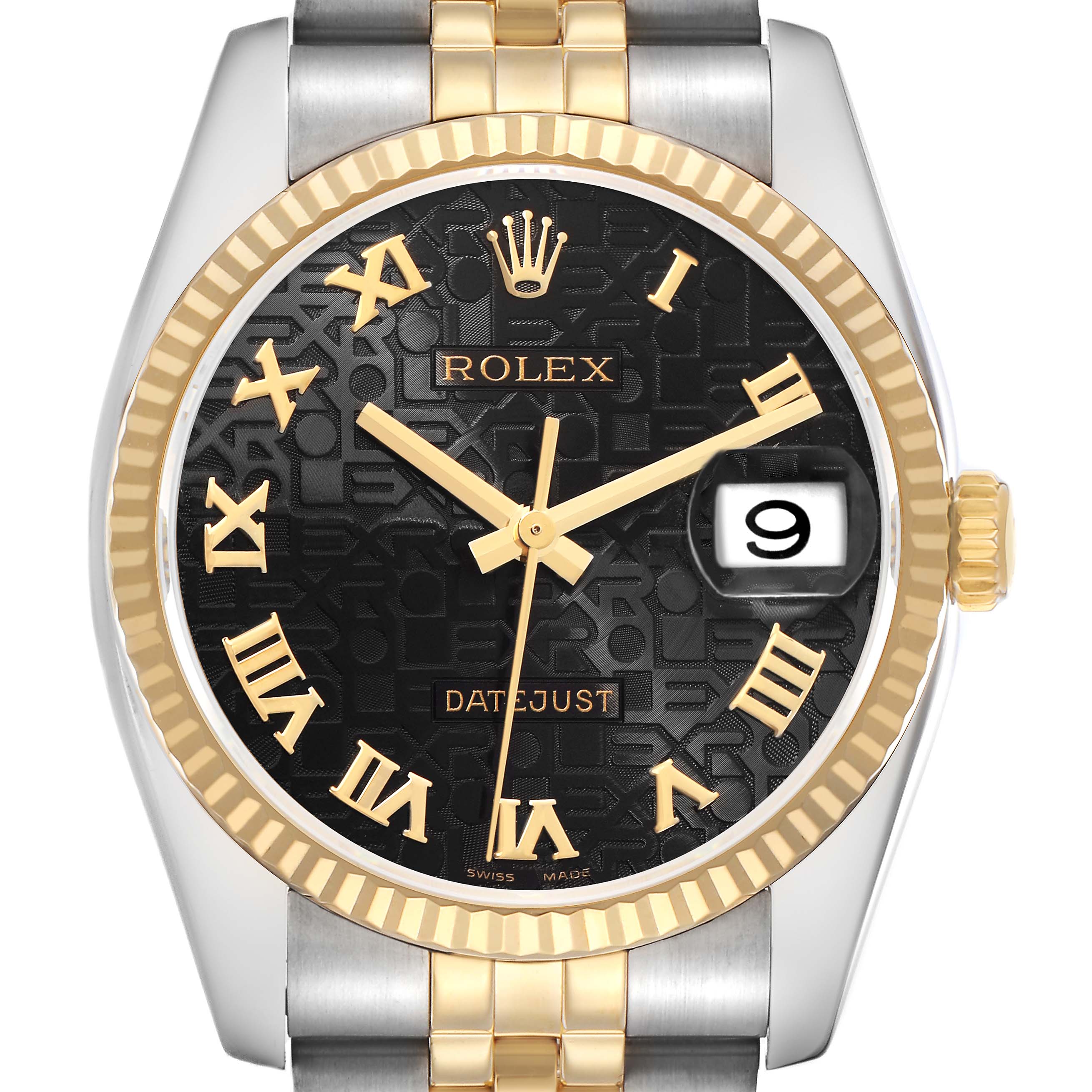 The Rolex Datejust model 116233 is shown from the front, highlighting the dial, gold fluted bezel, and two-tone bracelet with Roman numeral hour markers.