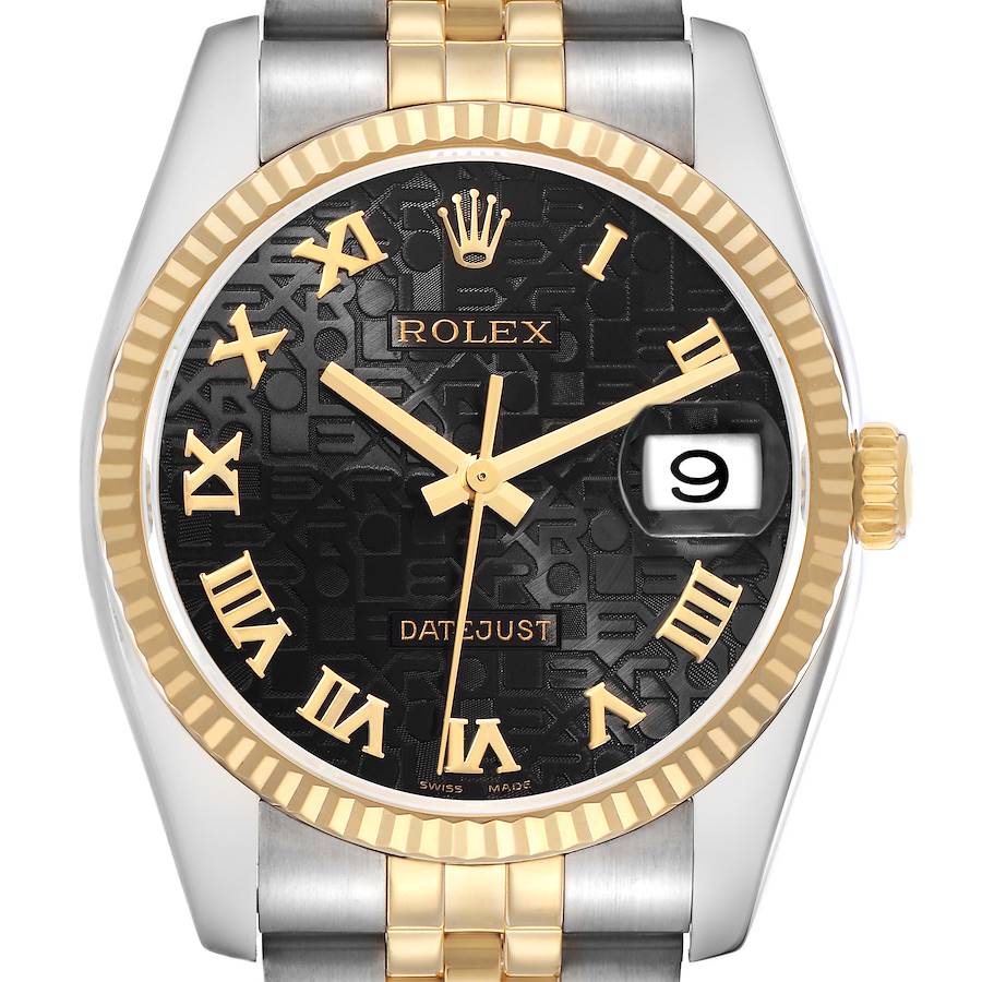 The Rolex Datejust model 116233 is shown from the front, highlighting the dial, gold fluted bezel, and two-tone bracelet with Roman numeral hour markers.