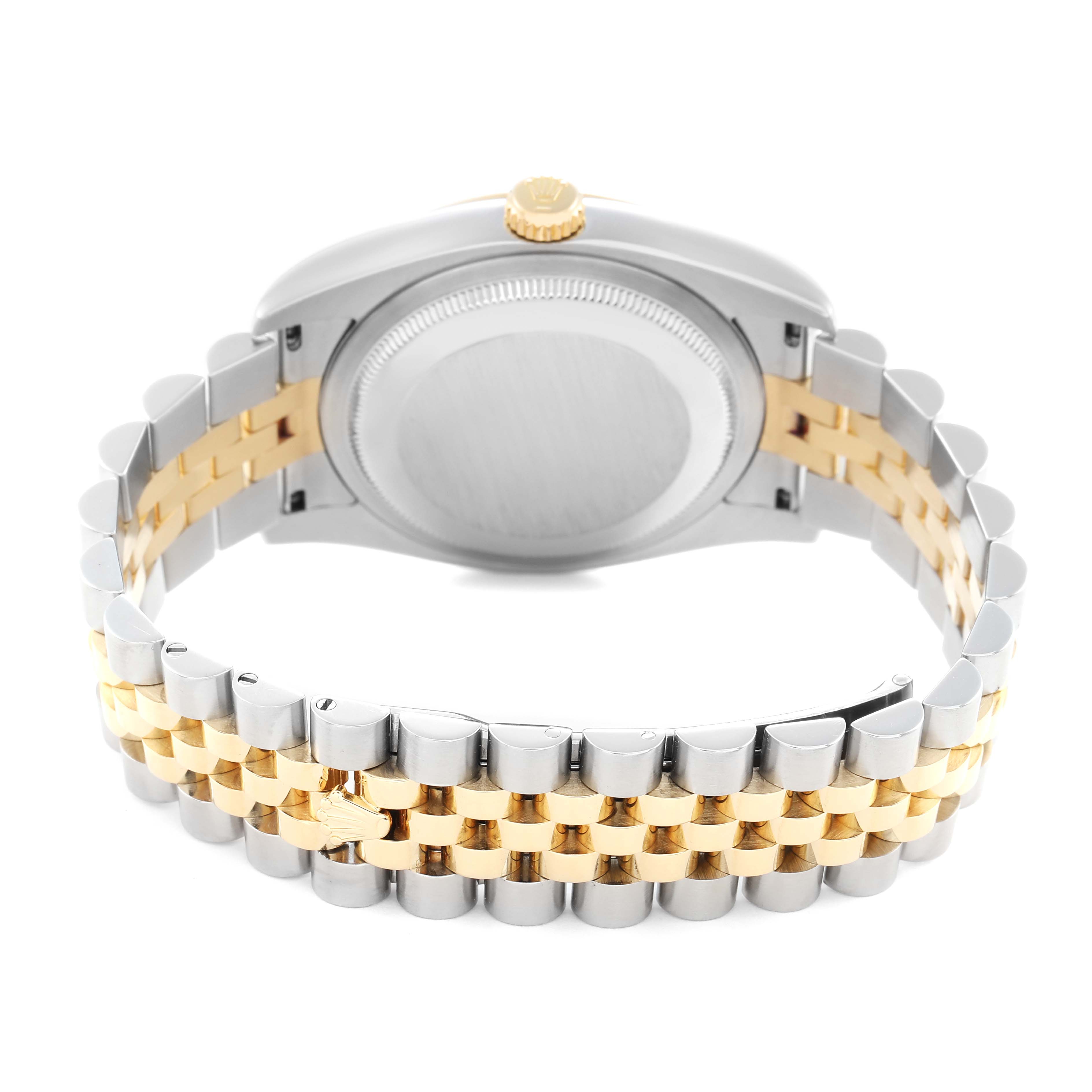 The image shows the back view of the Rolex Datejust model 116233 men
s watch, highlighting its Jubilee bracelet with gold and silver tones and the watch
s case back.