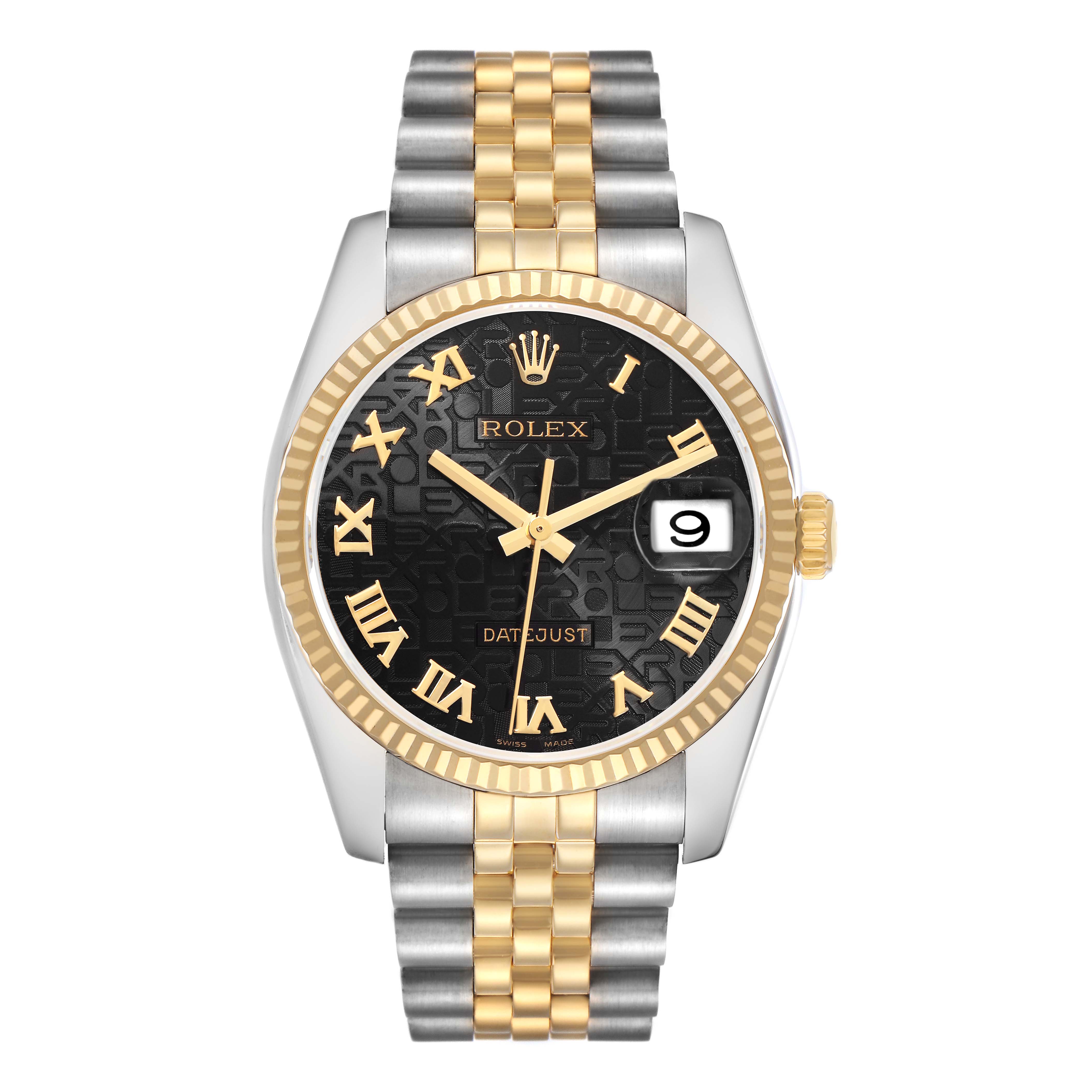 The image shows the Rolex Datejust model 116233 from a front angle, highlighting the black dial, Roman numerals, fluted bezel, and two-tone Jubilee bracelet.