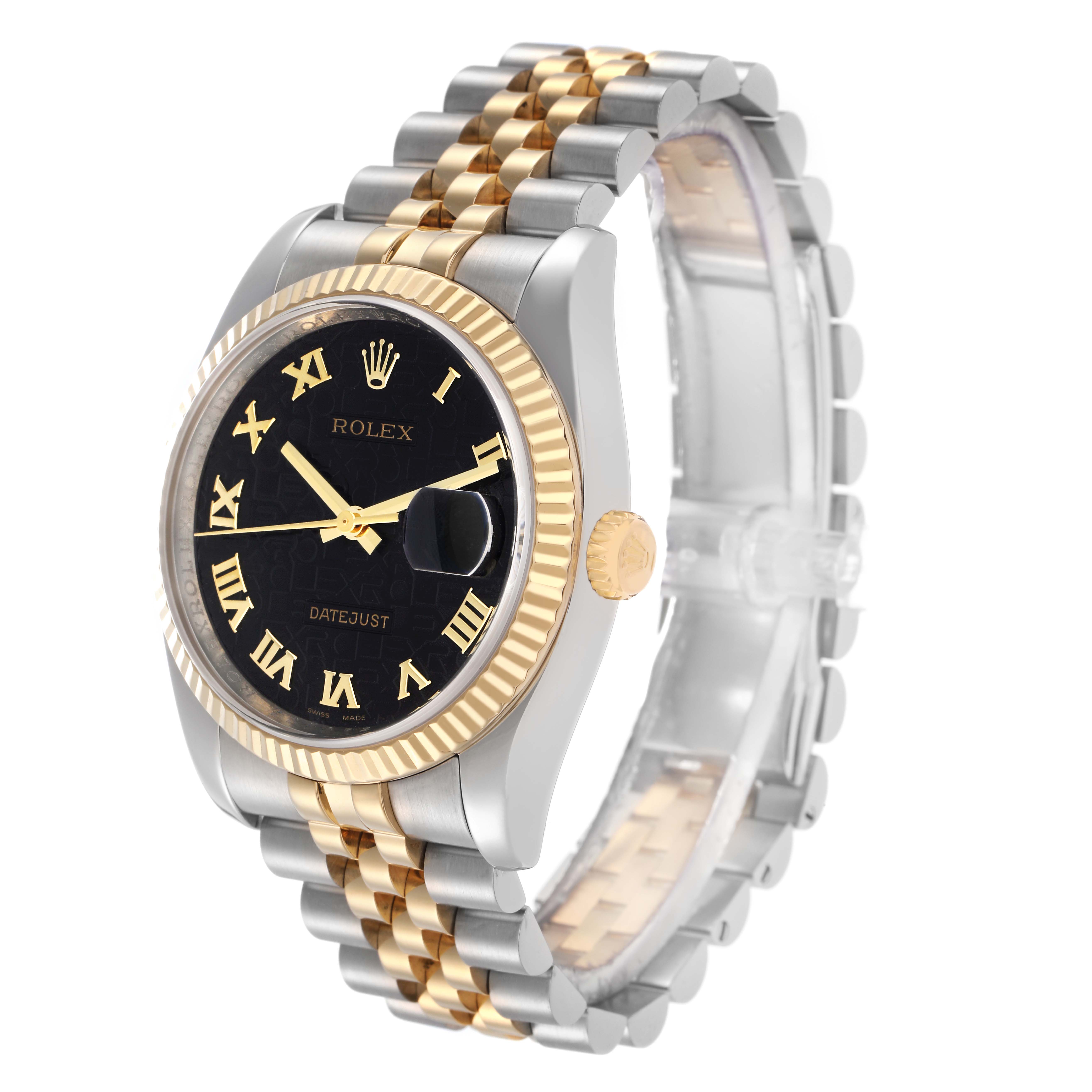 The image shows a Rolex Datejust model 116233 Men
s watch at a three-quarter angle, highlighting the black dial, fluted bezel, and two-tone Jubilee bracelet.