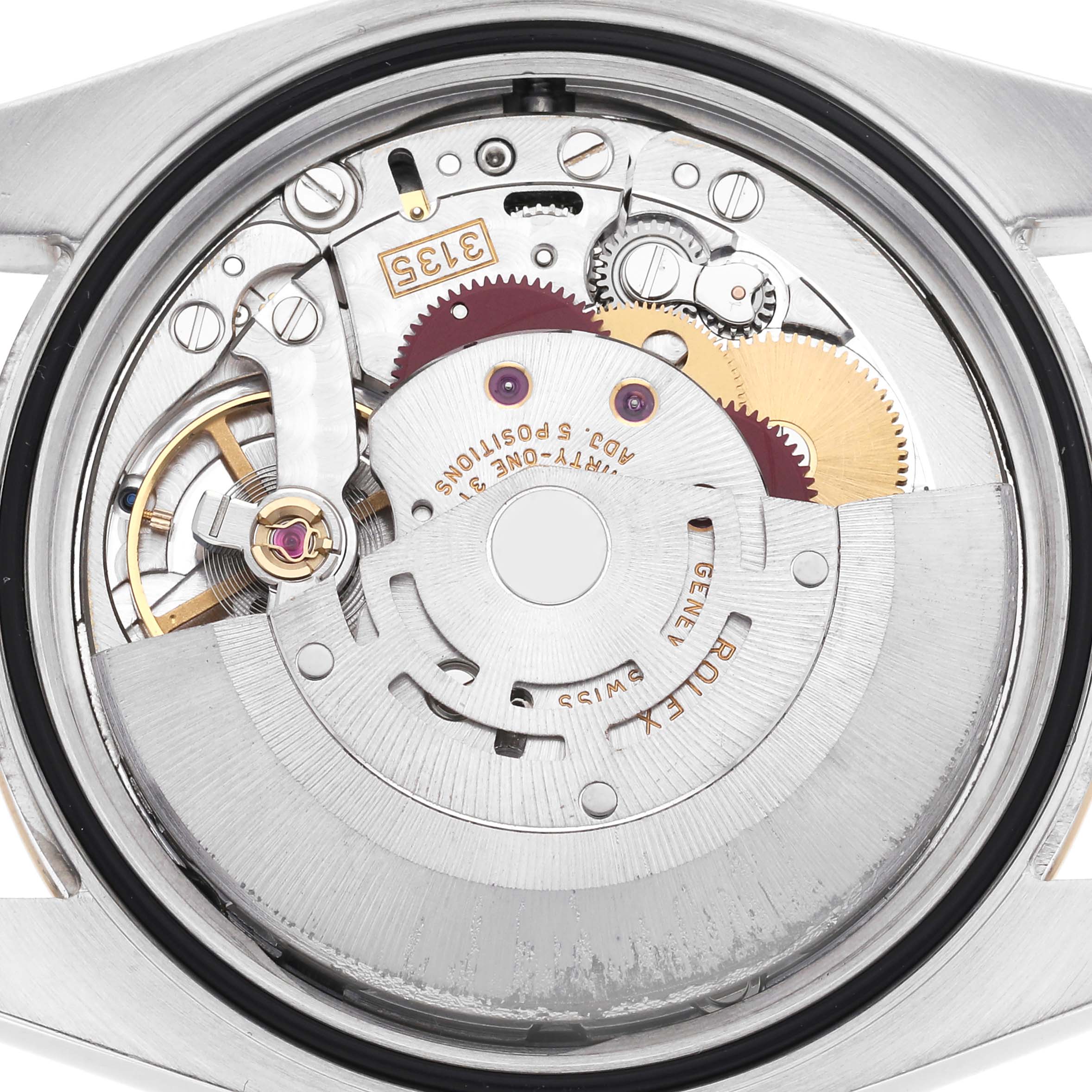 The image shows the movement mechanism of a Rolex Datejust, model number 116233, viewed from the back, highlighting gears and inscriptions.