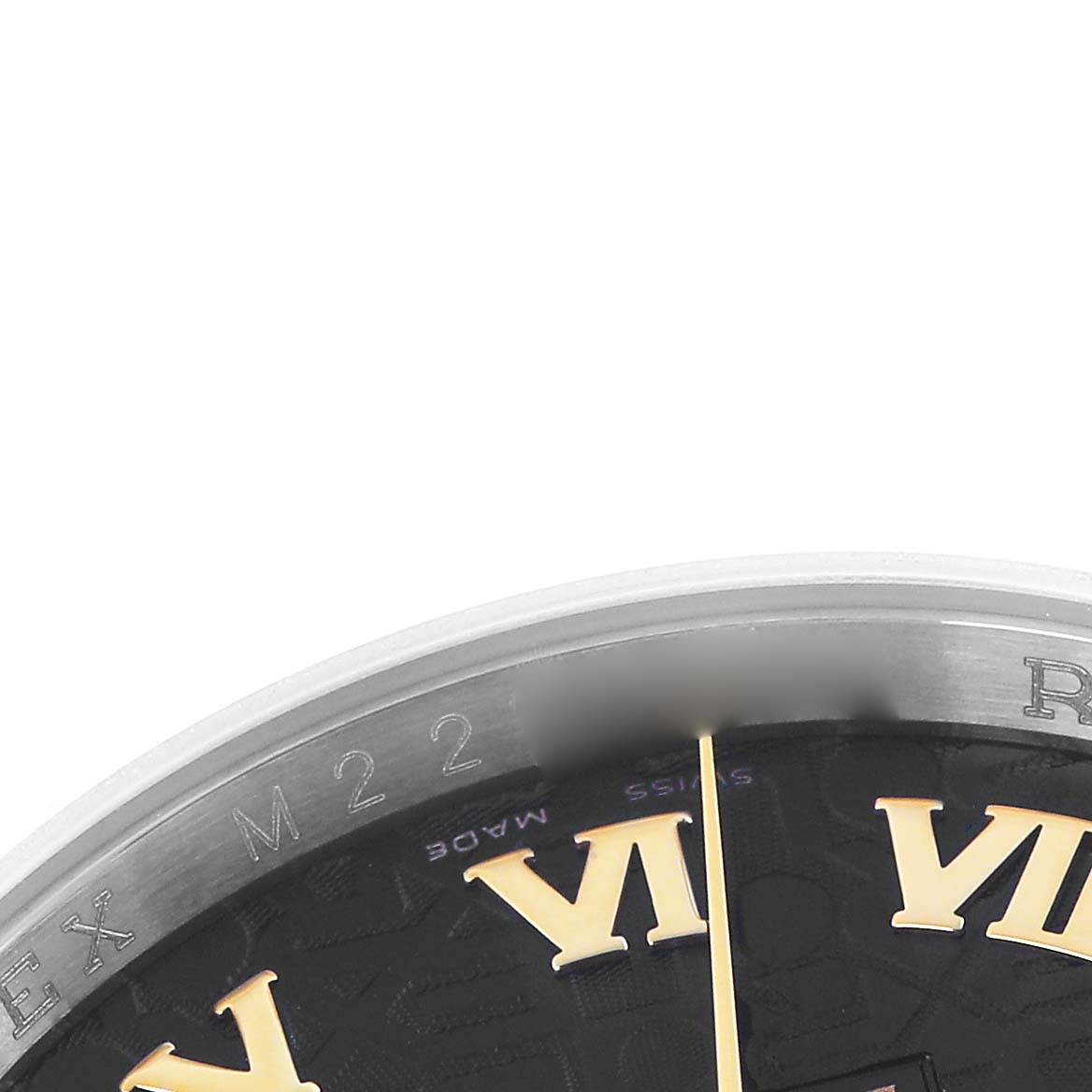 The image shows a close-up of the dial and bezel of a Rolex Datejust model (116233), featuring Roman numerals and part of the watch
s outer edge.