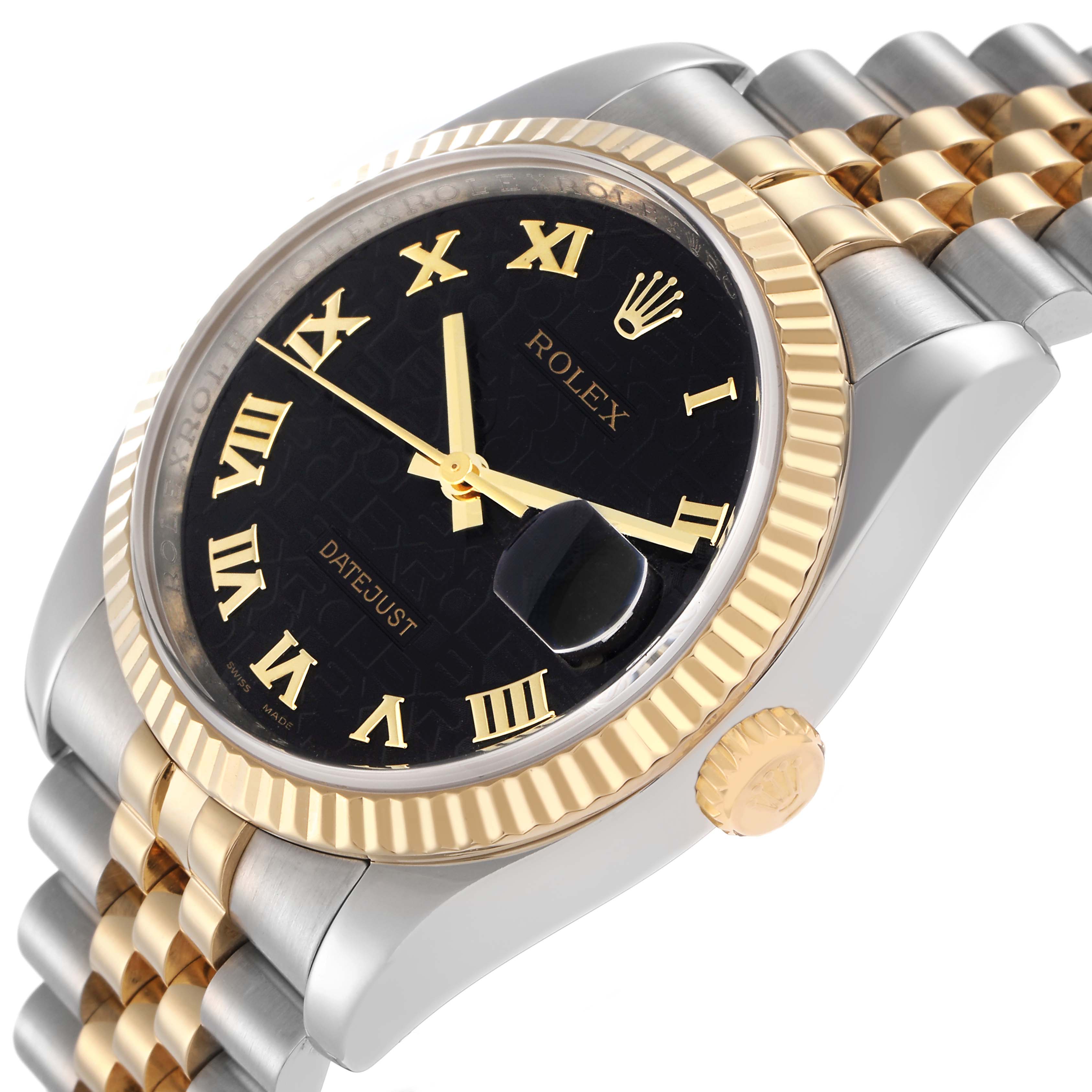 The image shows a Rolex Datejust model 116233 at a slight angle, displaying the dial, gold fluted bezel, crown, and part of the two-tone Jubilee bracelet.