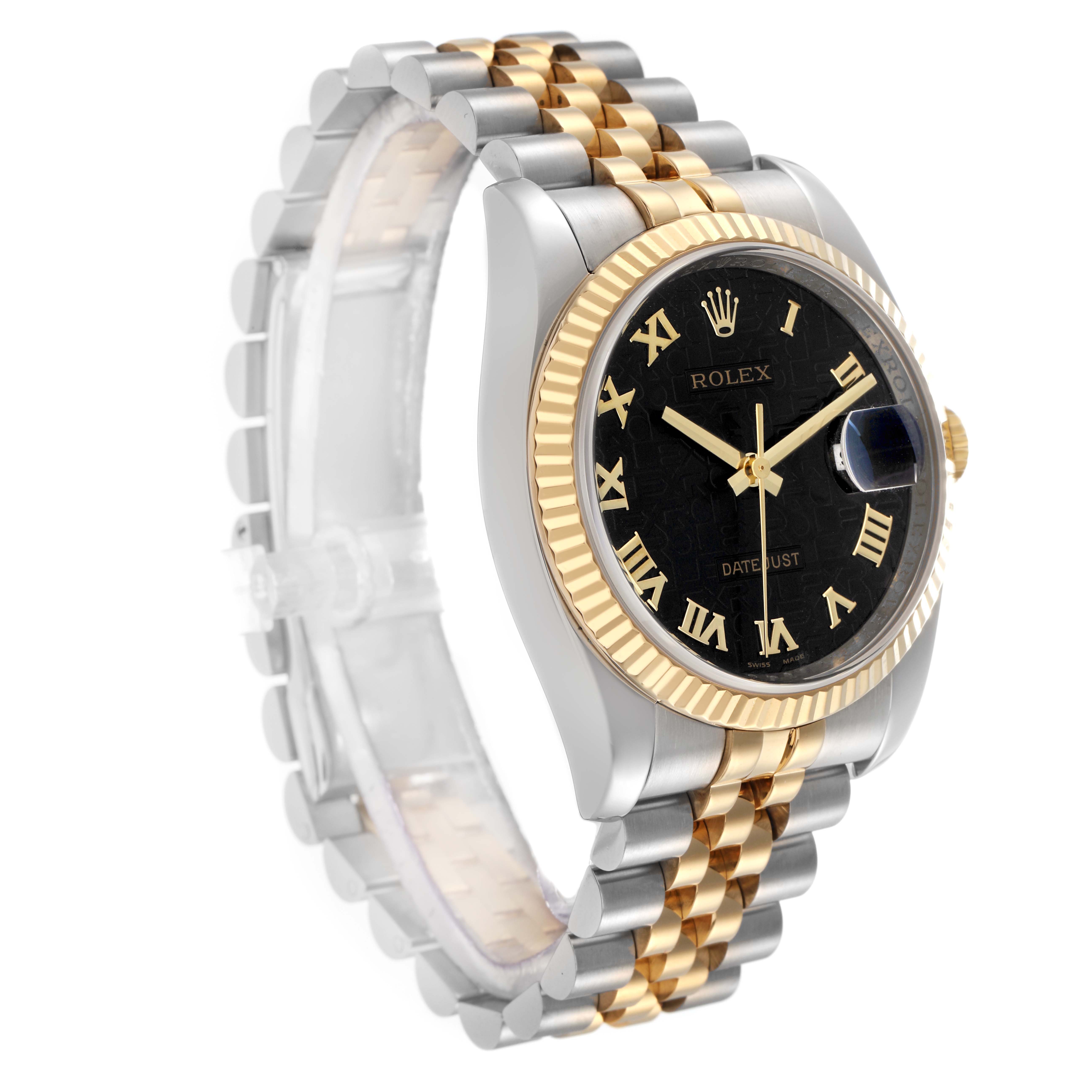 The Rolex Datejust model 116233 men
s watch is shown at an angled view, highlighting the black dial, fluted gold bezel, and two-tone Jubilee bracelet.