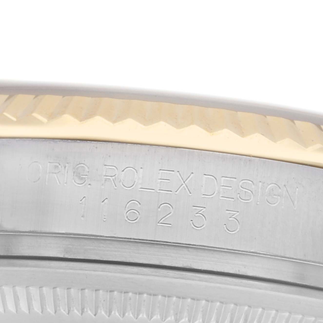The image shows a close-up side view of the Rolex Datejust model 116233, focusing on the engraved watch case with the model number visible.