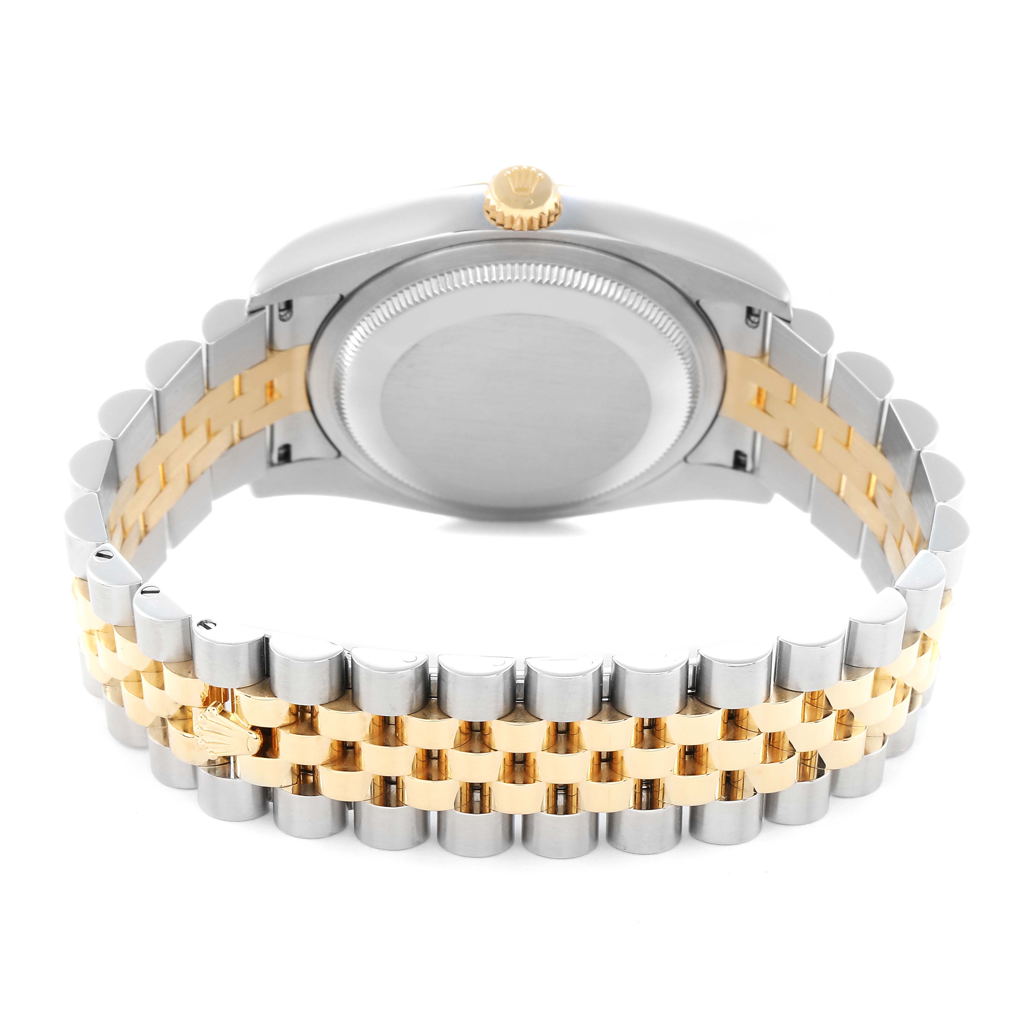 The image shows the back view of a Rolex Datejust, model number 116233, displaying the case back and two-tone Jubilee bracelet.