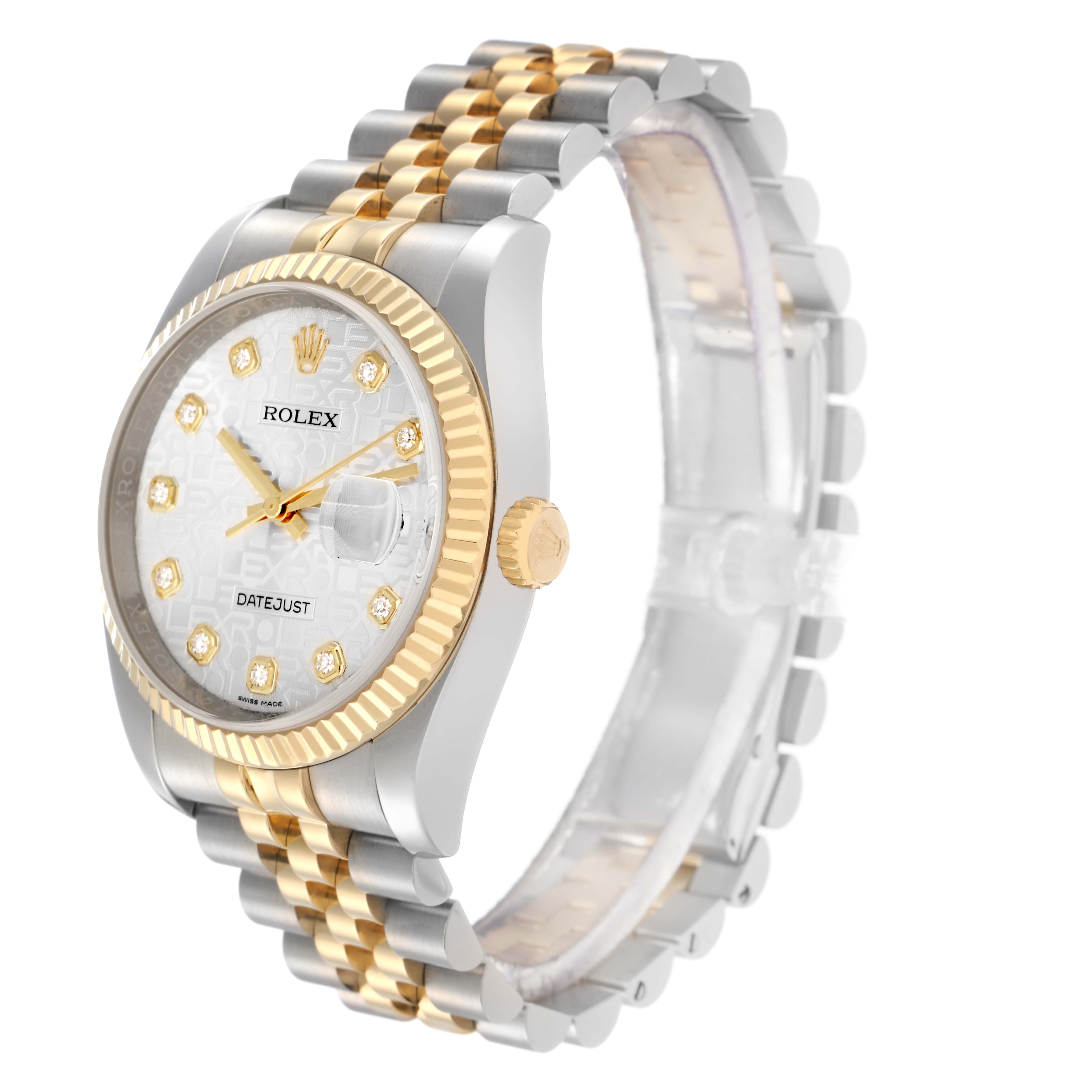 The Rolex Datejust model 116233 watch is shown at a slight angle, highlighting its two-tone bracelet, fluted bezel, and diamond-set dial.