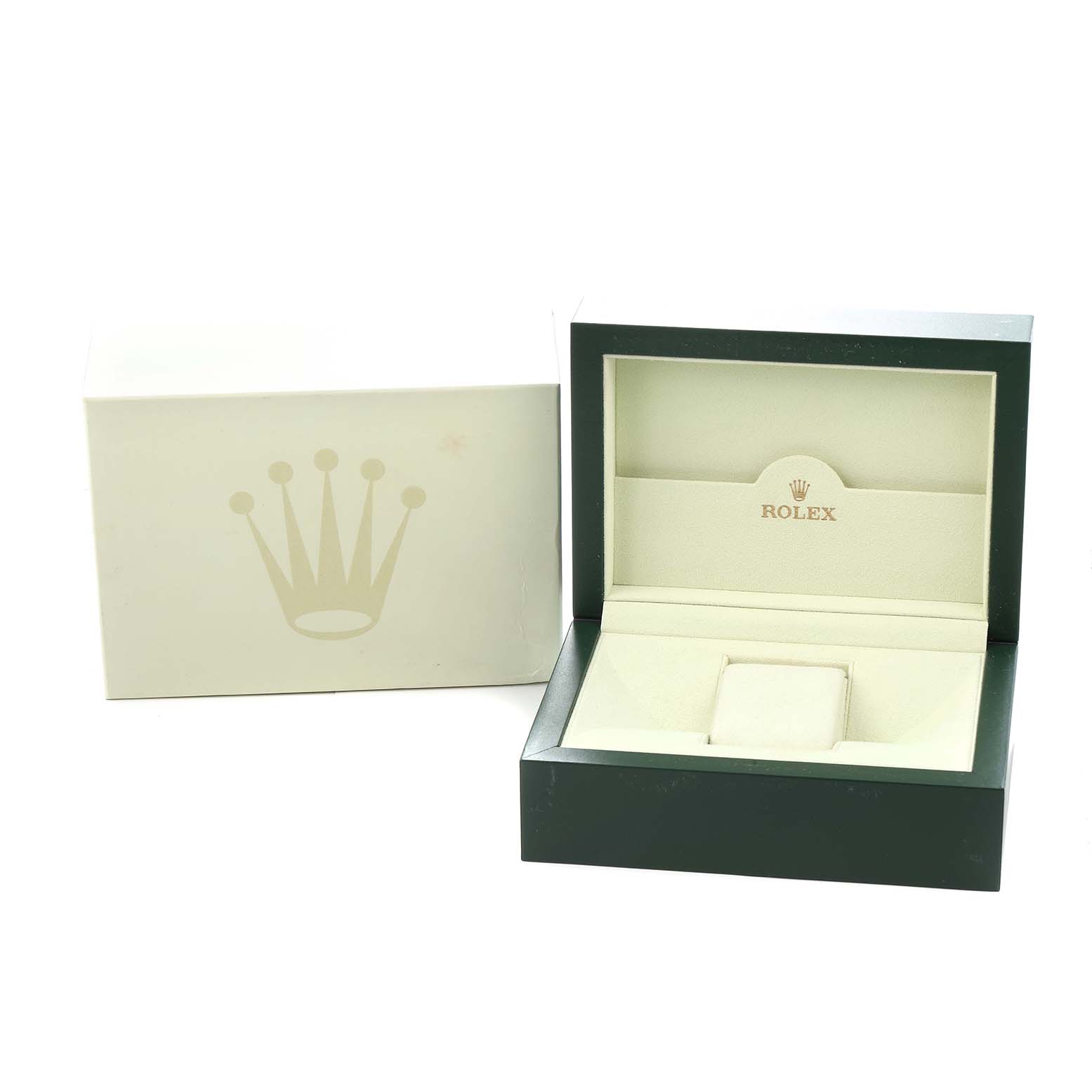 The image shows an open Rolex watch box, without the watch, for the Rolex Datejust model 116233, displaying the interior and exterior packaging.