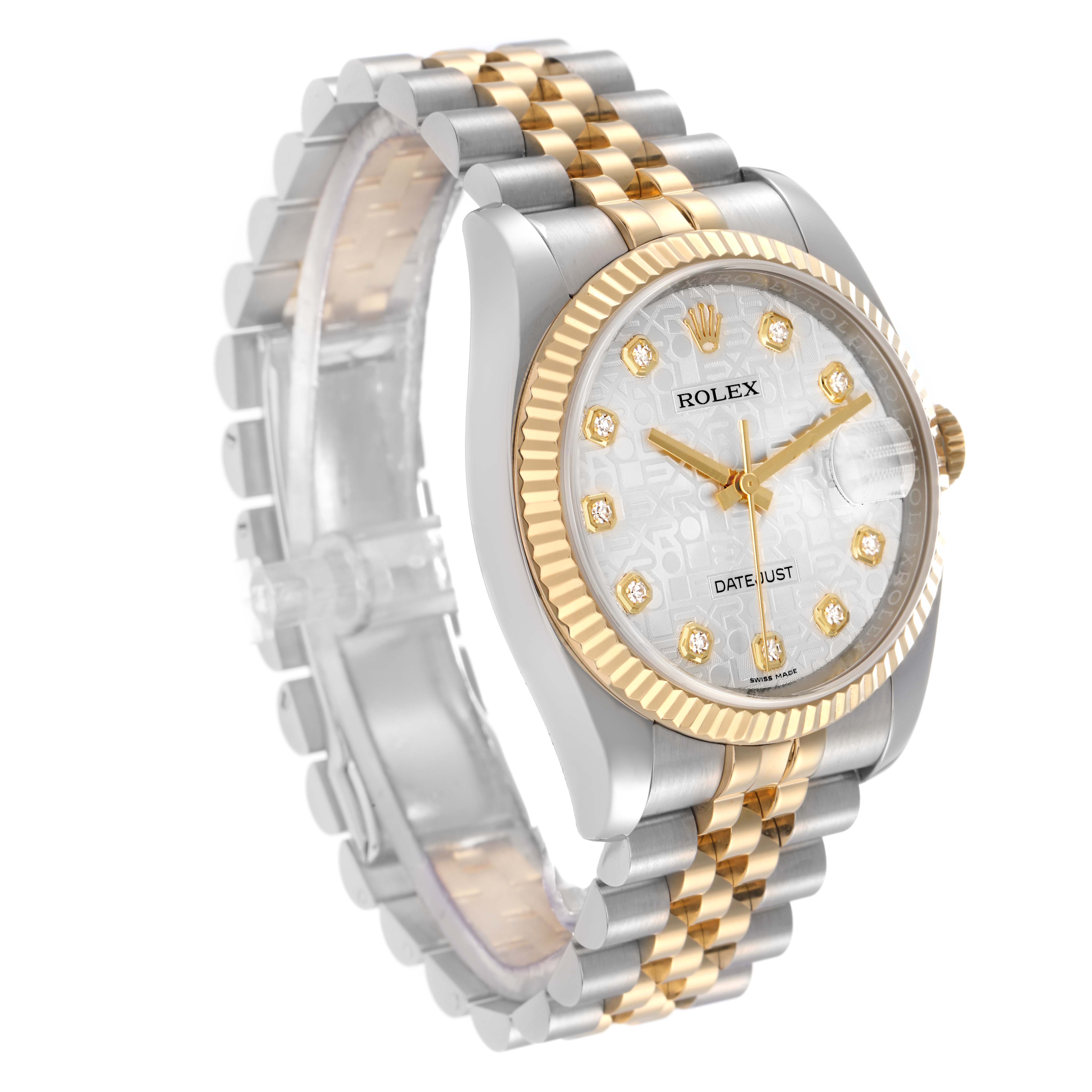 The Rolex Datejust model 116233 is shown at a three-quarter angle, highlighting the fluted bezel, jubilee bracelet, and diamond-accented dial.