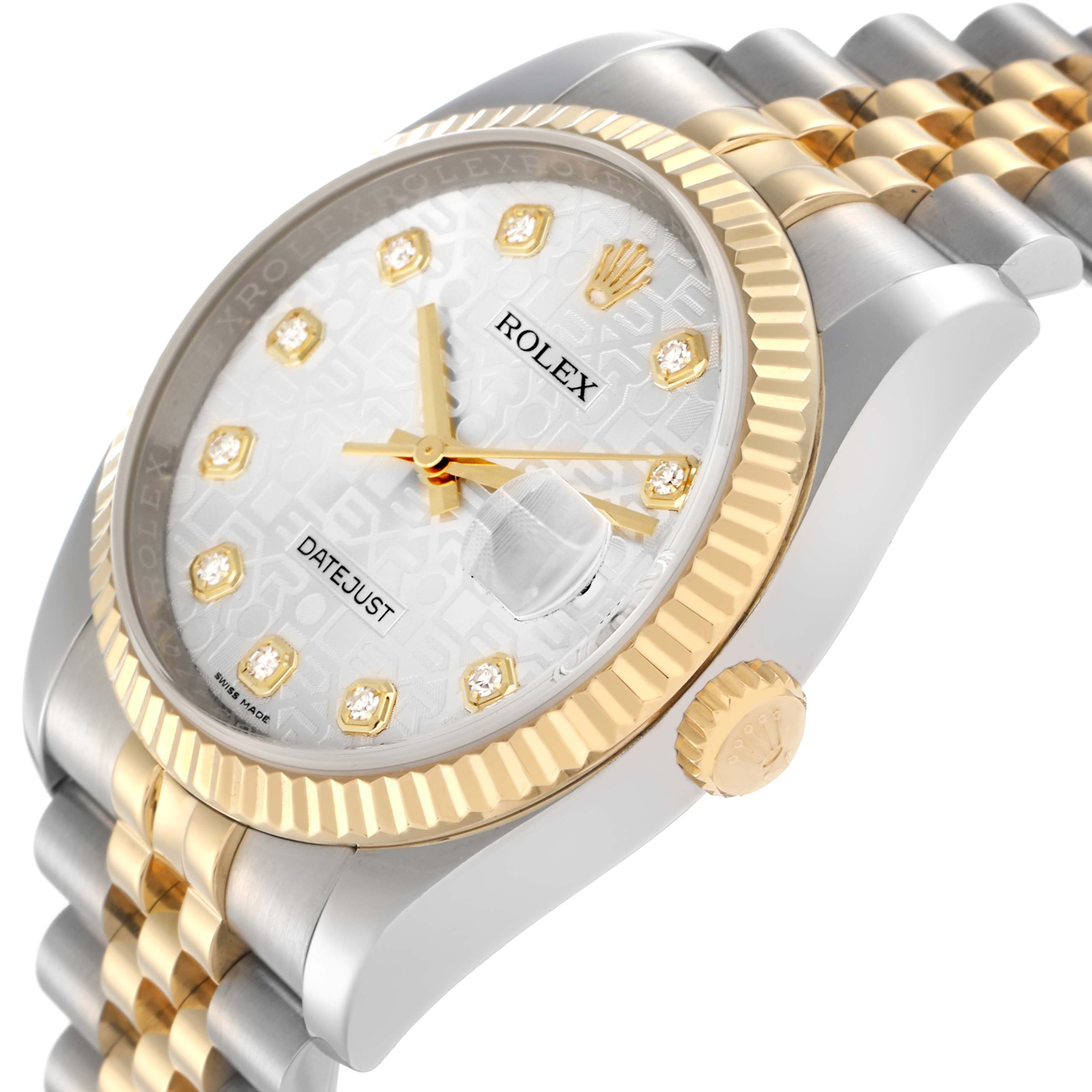 The image shows a Rolex Datejust model 116233 men's watch at an angle highlighting the fluted bezel, jubilee bracelet, and the face with gold and diamond markers.