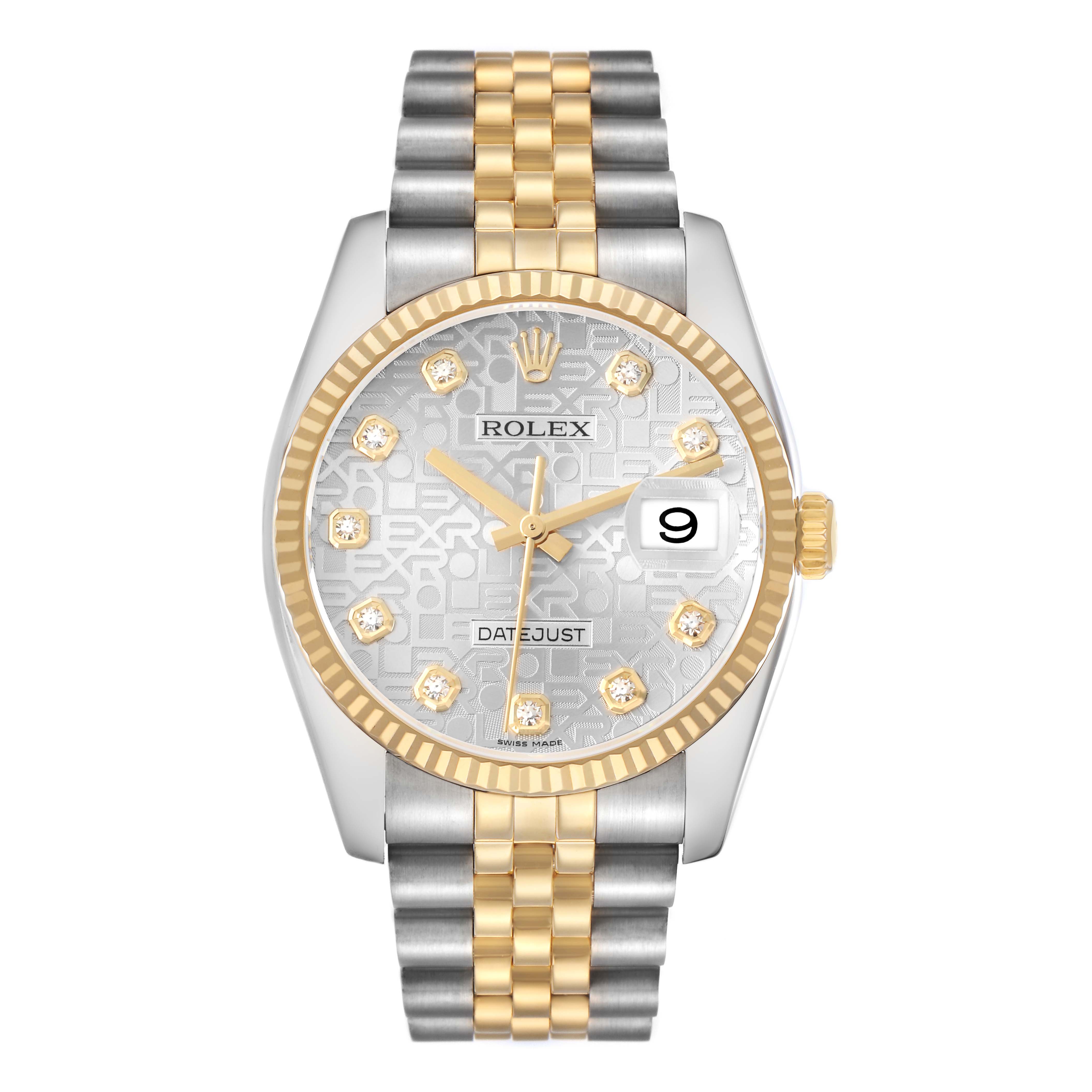 This image shows a Rolex Datejust 116233 men's watch from a front angle, highlighting the two-tone bracelet, fluted bezel, and patterned dial with diamond hour markers.