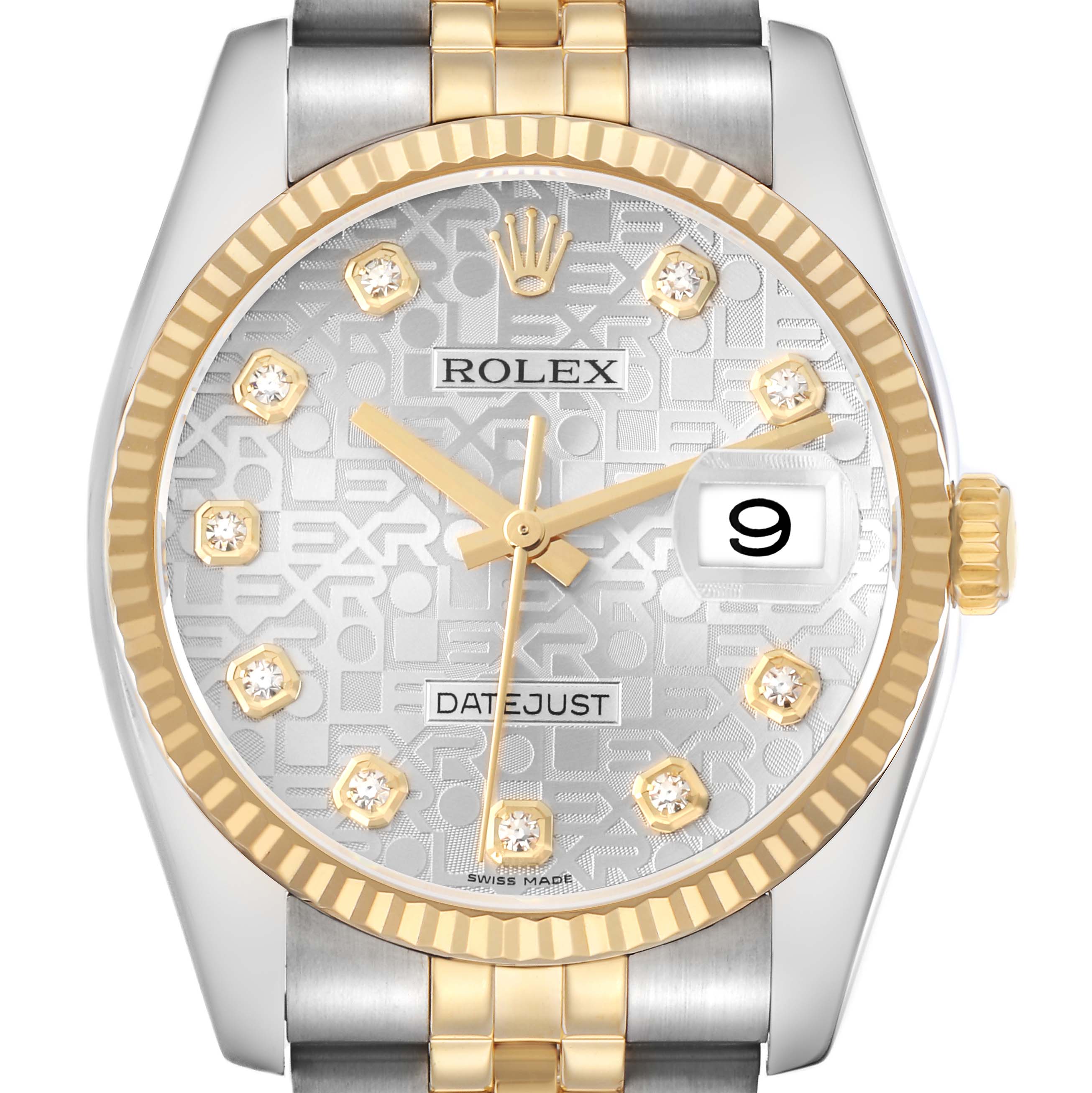 The Rolex Datejust model 116233 is shown from the front, highlighting its silver dial, gold fluted bezel, and two-tone bracelet.