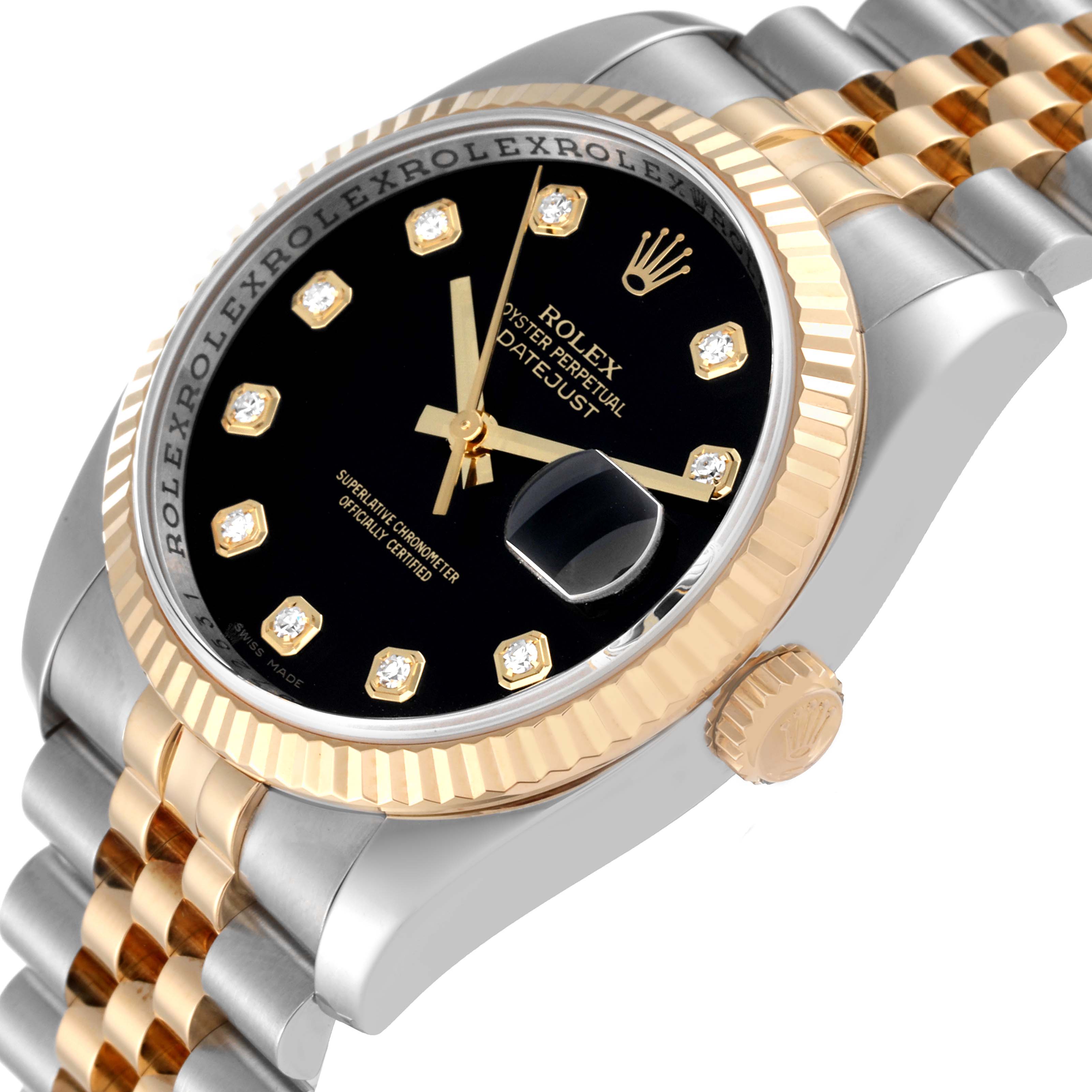 This image shows a close-up angle of the Rolex Datejust 116233 Men's Steel and Gold (two tone) Black Dial 116233 Men's Steel and Gold (two tone) Black Dial watch, highlighting the dial, bezel, and part of the bracelet.