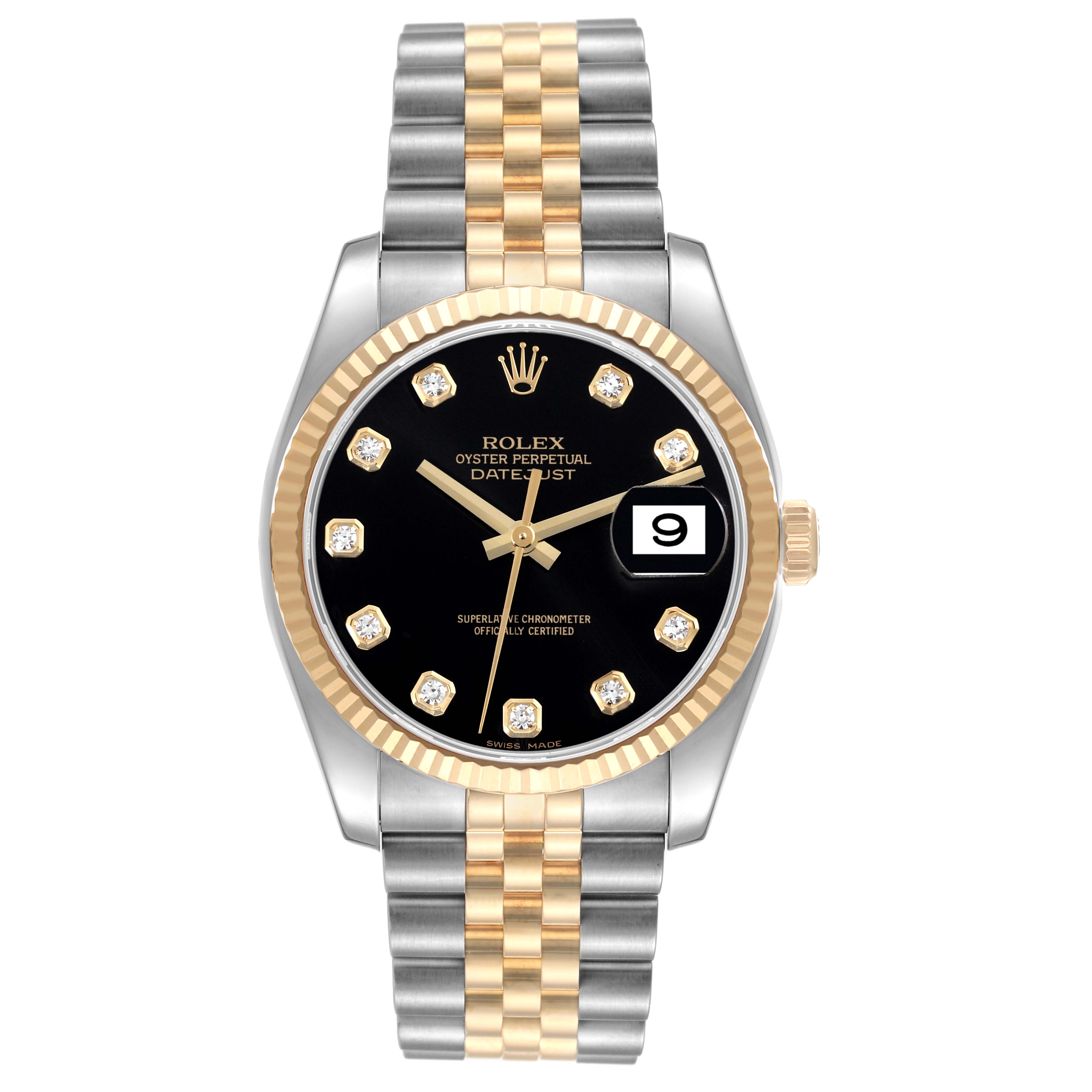 The image shows a front view of a Rolex Datejust 116233 Men's Steel and Gold (two tone) Black Dial 116233 Men's Steel and Gold (two tone) Black Dial watch, highlighting the dial, bezel, bracelet, and date function.
